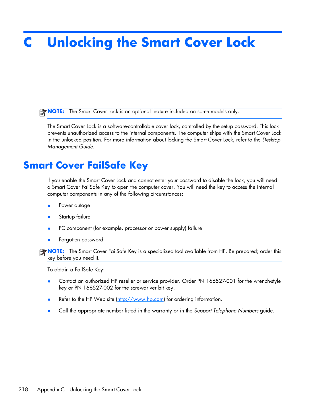 HP Pro 6300 manual Unlocking the Smart Cover Lock, Smart Cover FailSafe Key 