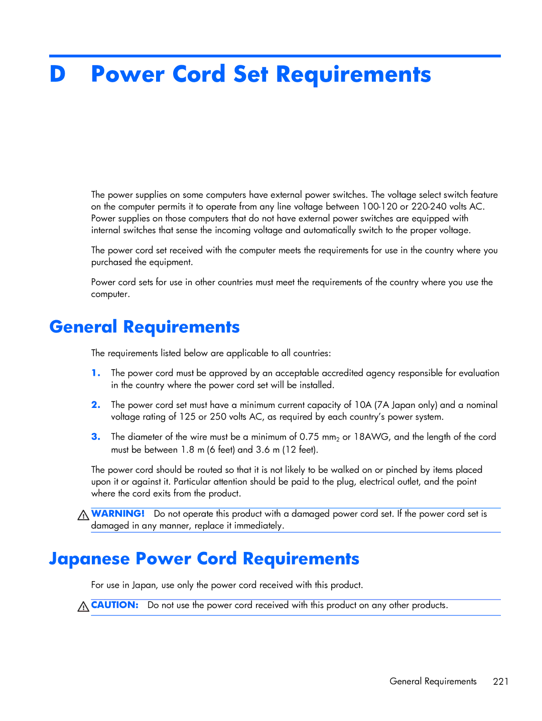 HP Pro 6300 manual Power Cord Set Requirements, General Requirements, Japanese Power Cord Requirements 