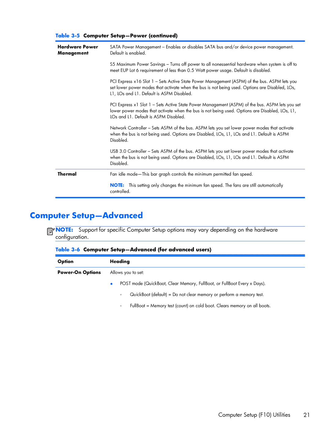 HP Pro 6300 manual 6Computer Setup-Advanced for advanced users, Hardware Power, Thermal 