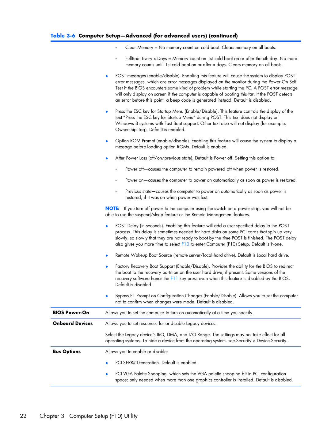 HP Pro 6300 manual Bios Power-On, Onboard Devices, Bus Options 