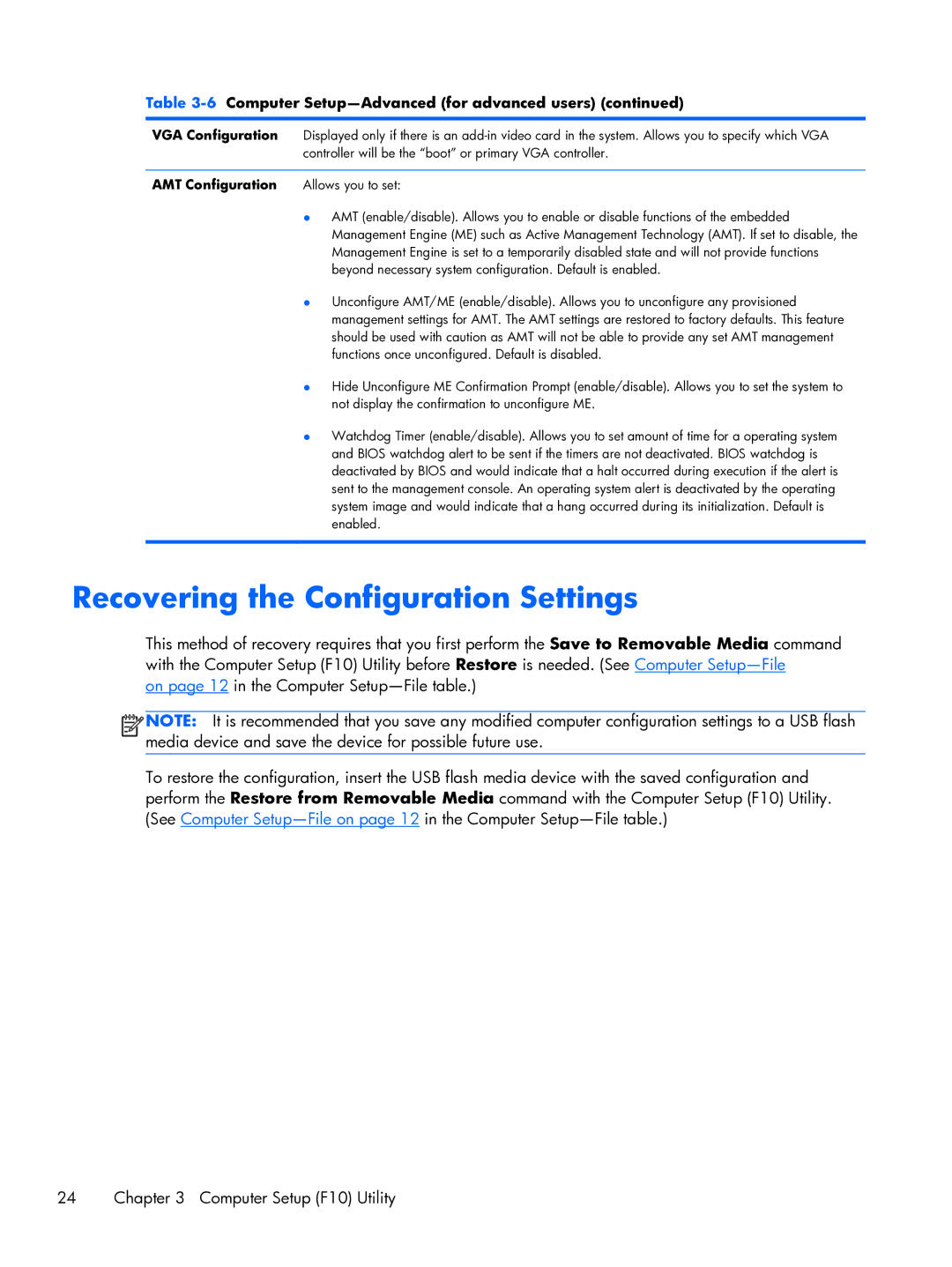 HP Pro 6300 manual Recovering the Configuration Settings, VGA Configuration, AMT Configuration 