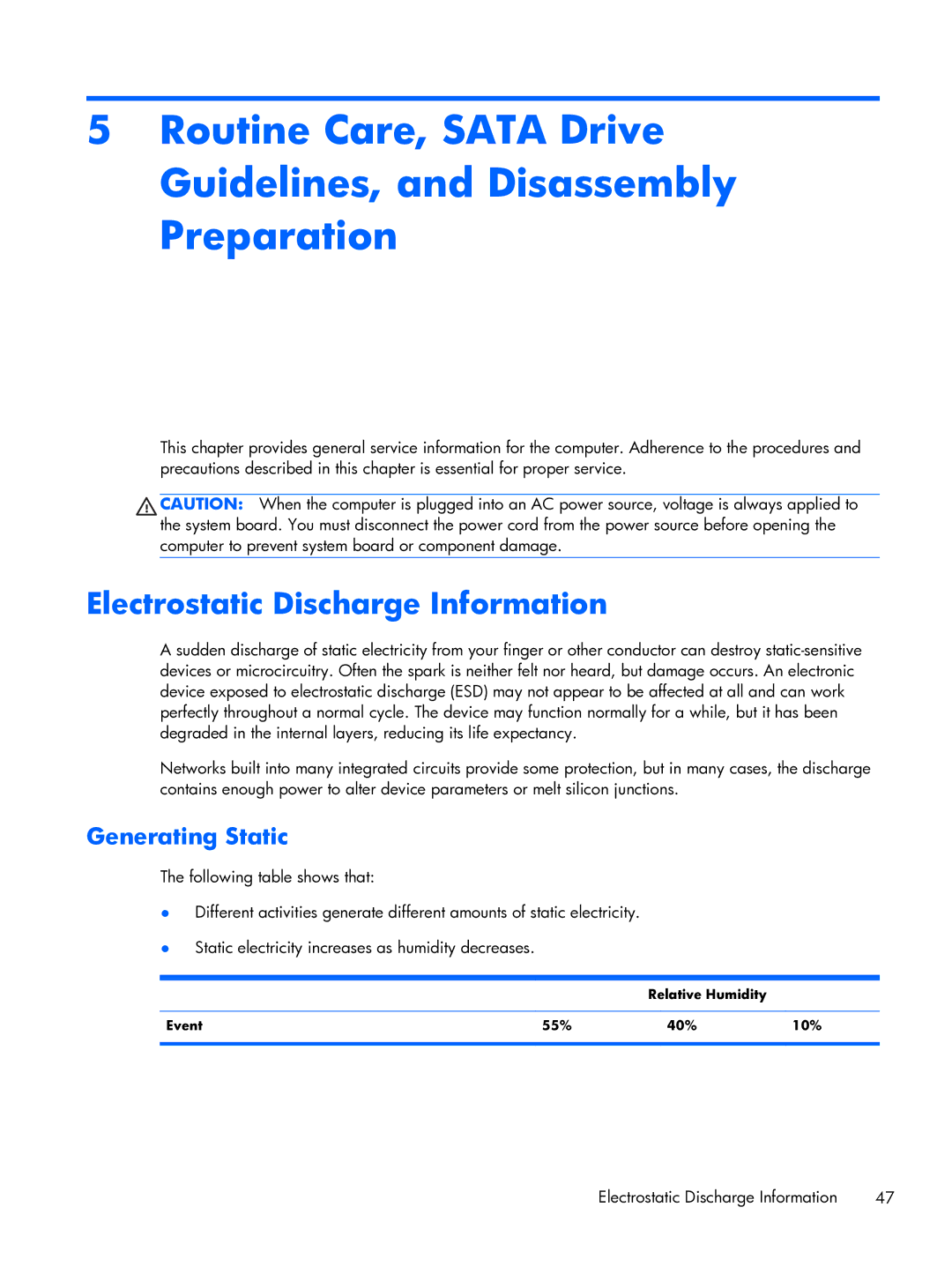 HP Pro 6300 manual Electrostatic Discharge Information, Generating Static, Relative Humidity Event 55% 40% 10% 