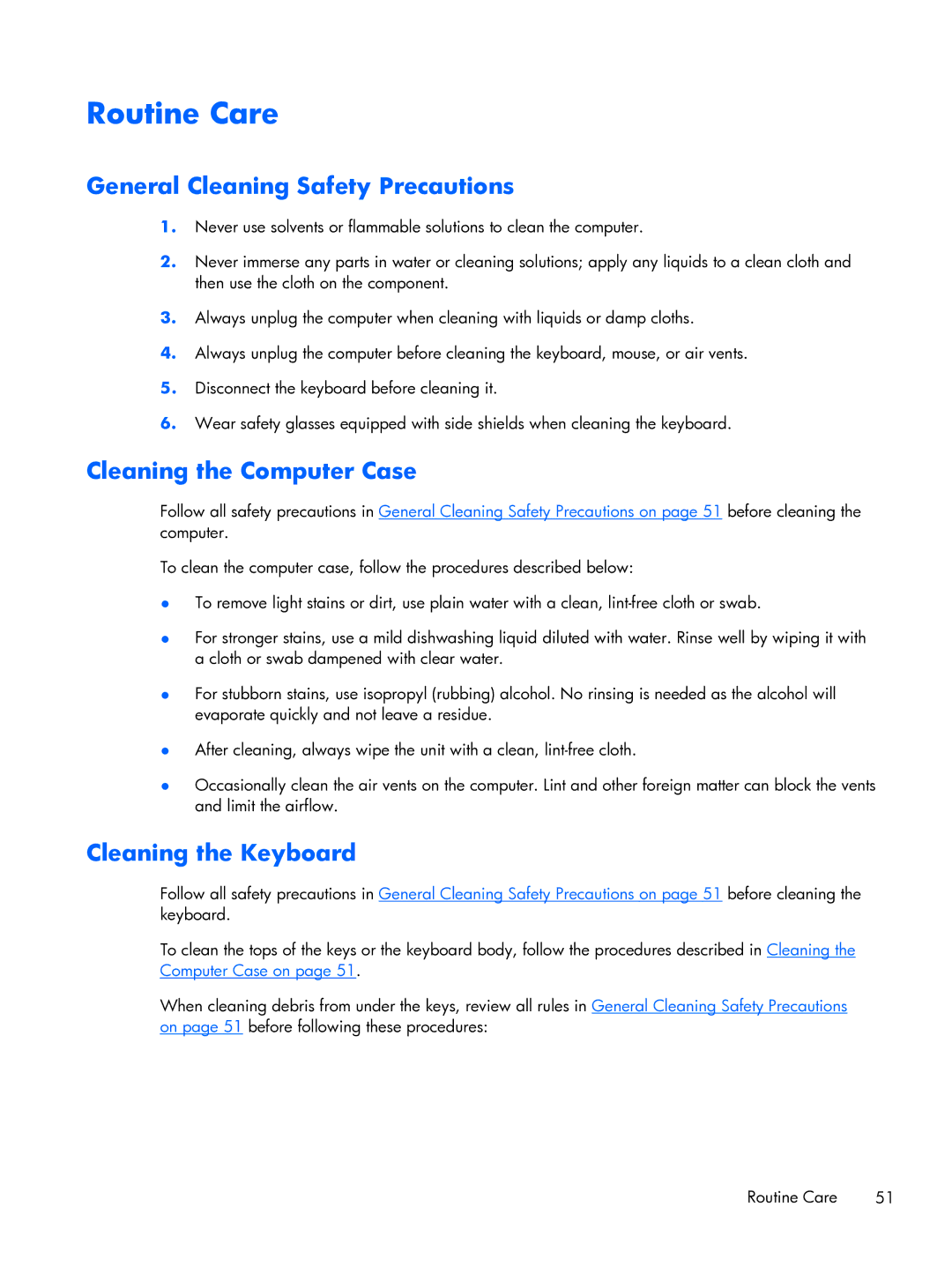 HP Pro 6300 manual Routine Care, General Cleaning Safety Precautions, Cleaning the Computer Case, Cleaning the Keyboard 