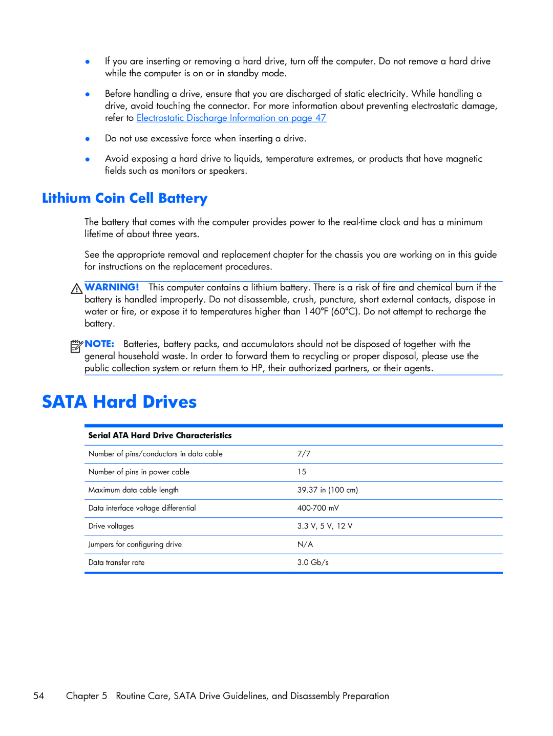 HP Pro 6300 manual Sata Hard Drives, Lithium Coin Cell Battery, Serial ATA Hard Drive Characteristics 