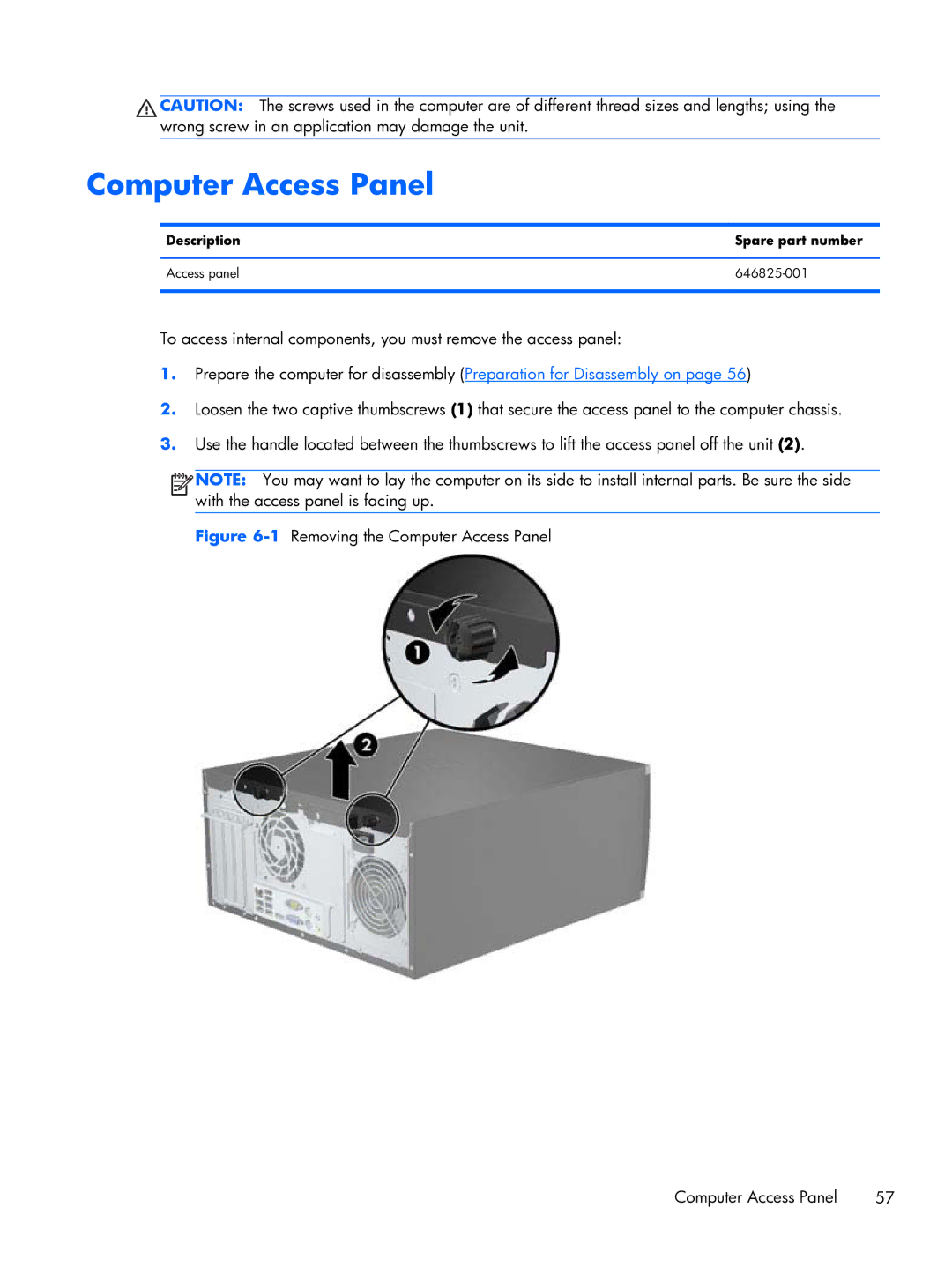 HP Pro 6300 manual Computer Access Panel, Description Spare part number Access panel 646825-001 