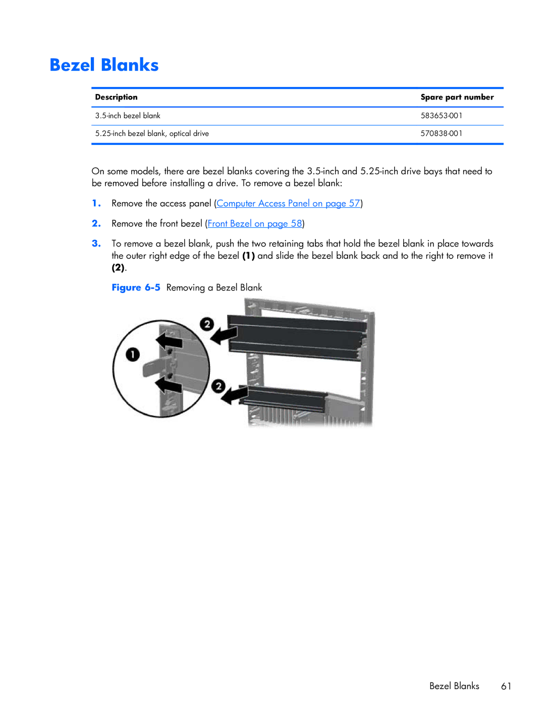 HP Pro 6300 manual 5Removing a Bezel Blank Bezel Blanks 