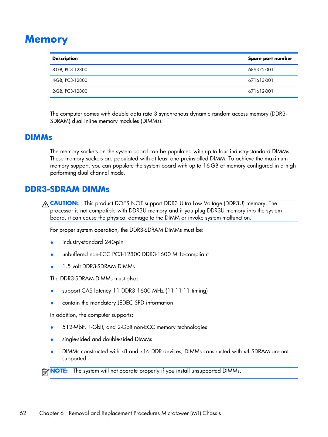 HP Pro 6300 manual Memory, DDR3-SDRAM DIMMs 