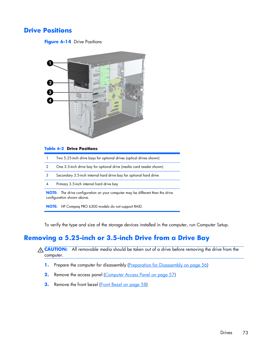 HP Pro 6300 manual Removing a 5.25-inch or 3.5-inch Drive from a Drive Bay, 2Drive Positions 