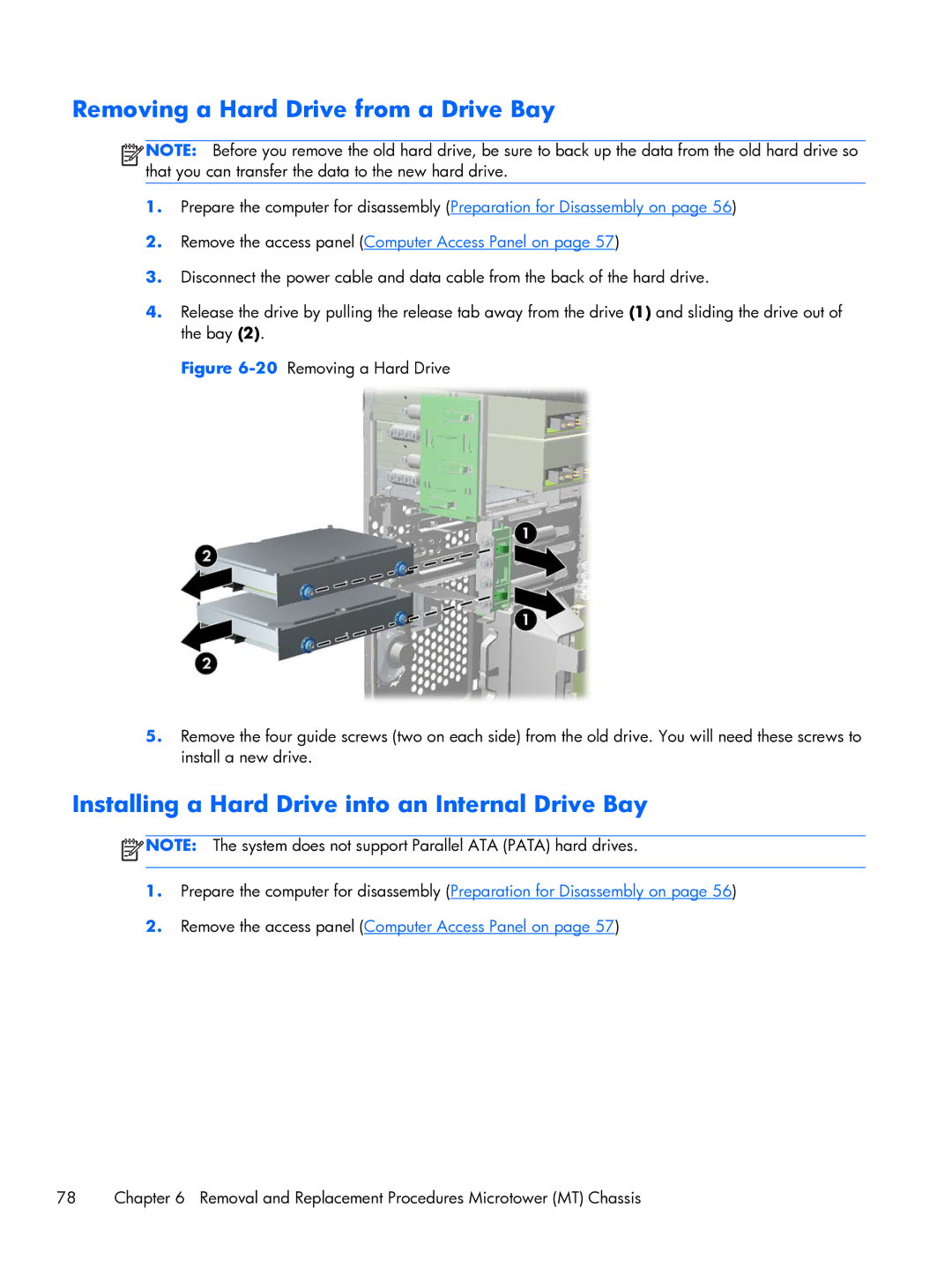 HP Pro 6300 manual Removing a Hard Drive from a Drive Bay, Installing a Hard Drive into an Internal Drive Bay 