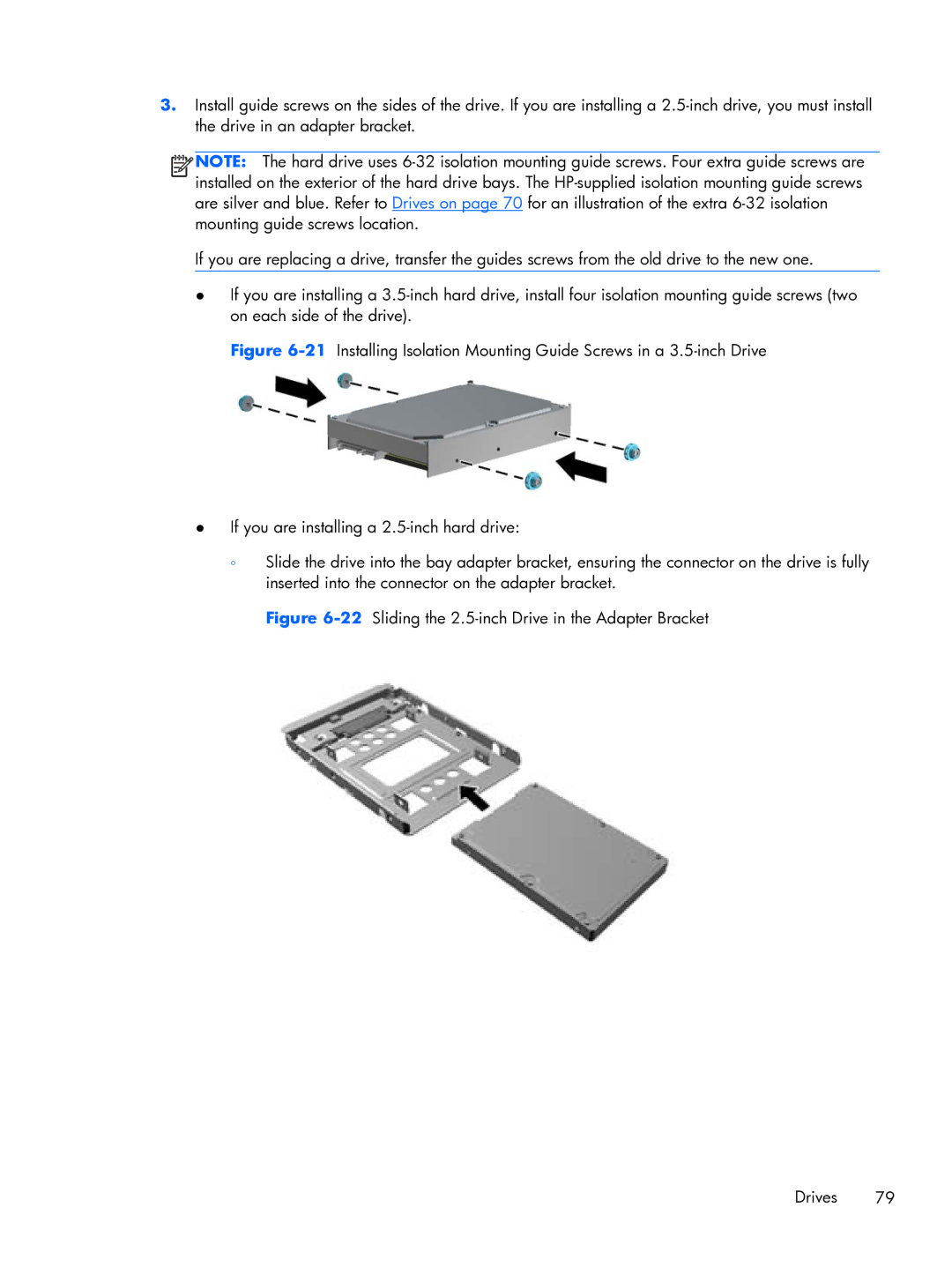 HP Pro 6300 manual 22Sliding the 2.5-inch Drive in the Adapter Bracket Drives 