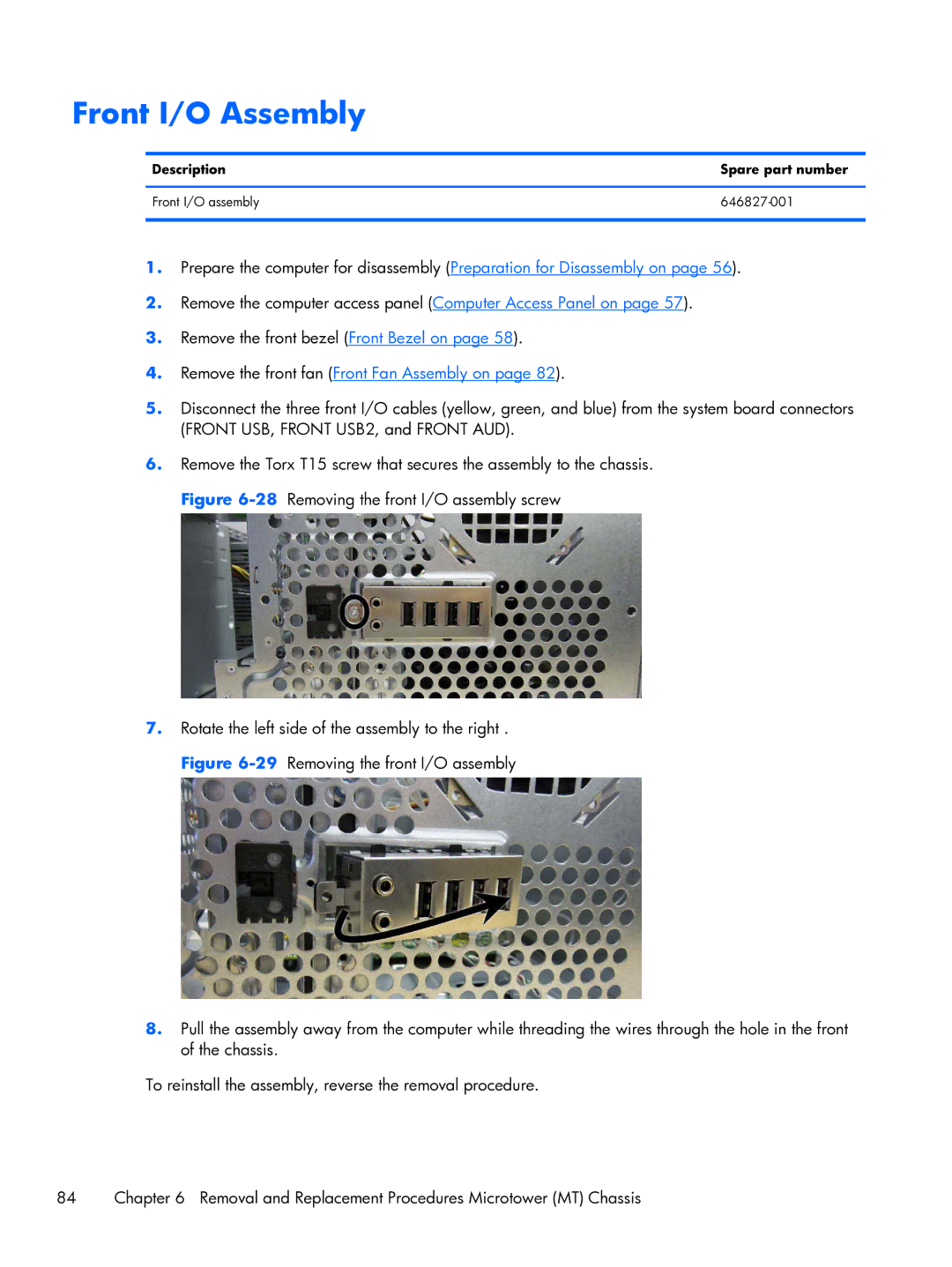 HP Pro 6300 manual Front I/O Assembly, Description Spare part number Front I/O assembly 646827-001 