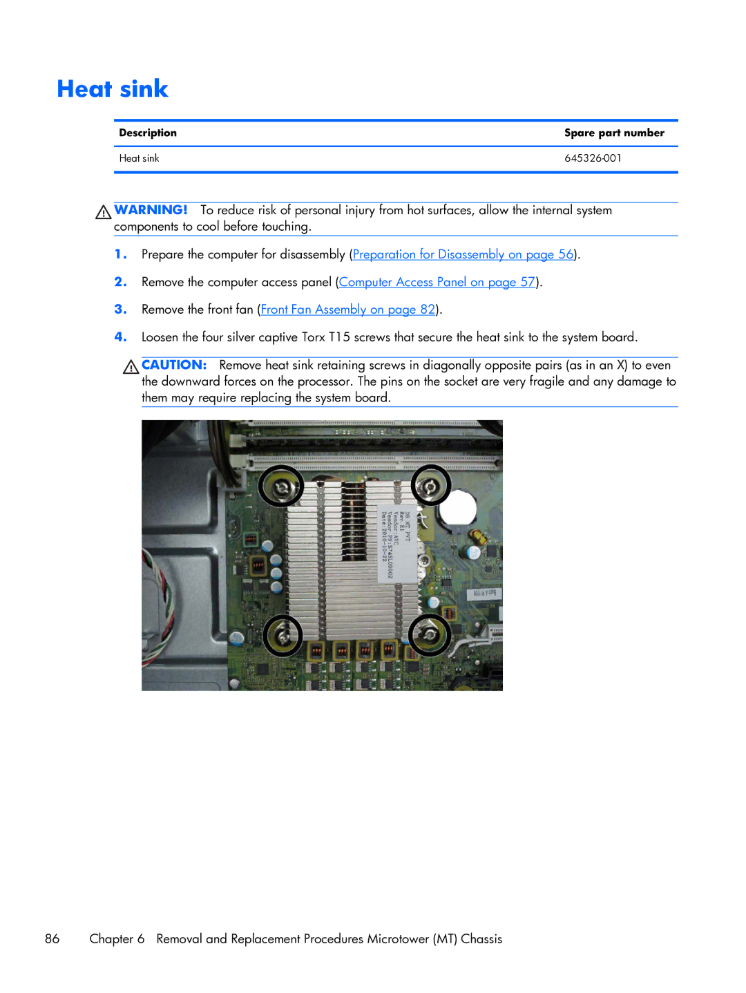 HP Pro 6300 manual Description Spare part number Heat sink 645326-001 