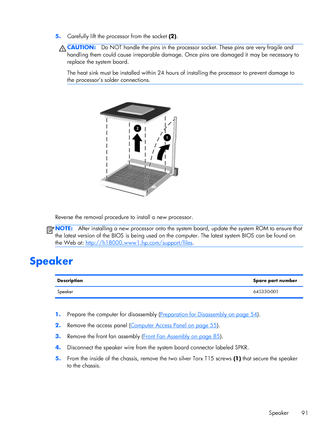 HP Pro 6305 manual Description Spare part number Speaker 645330-001 