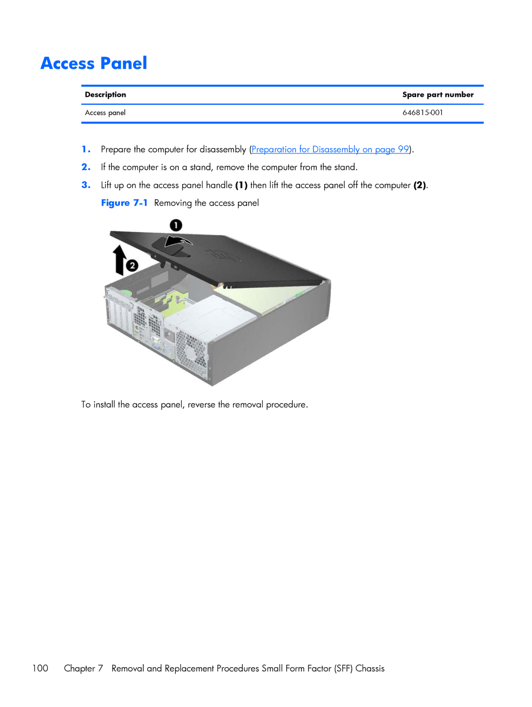 HP Pro 6305 manual Access Panel, Description Spare part number Access panel 646815-001 