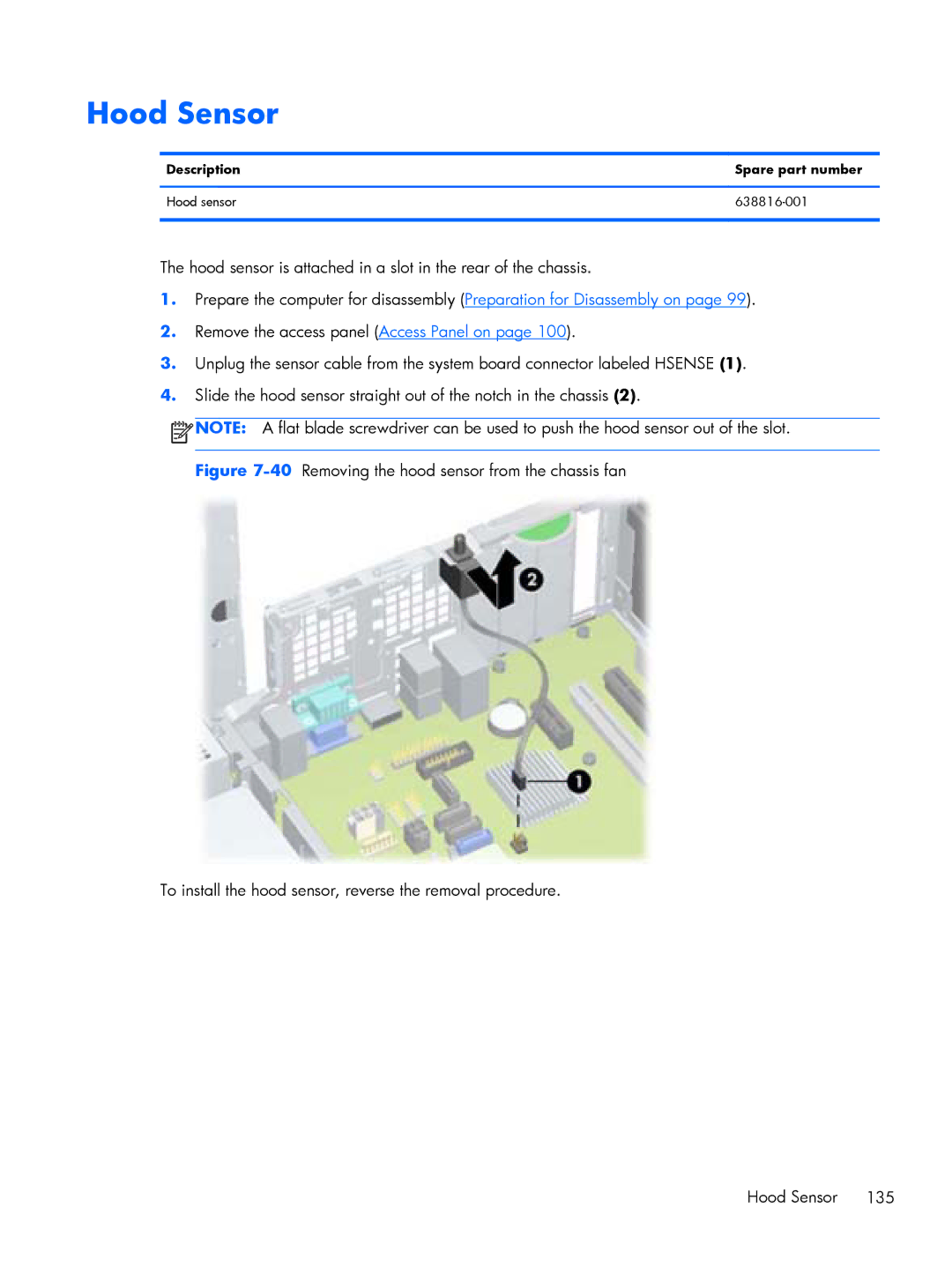 HP Pro 6305 manual Hood Sensor, Description Spare part number Hood sensor 638816-001 