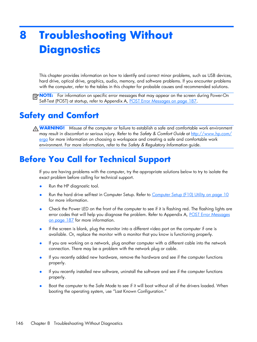 HP Pro 6305 manual Troubleshooting Without Diagnostics, Safety and Comfort Before You Call for Technical Support 