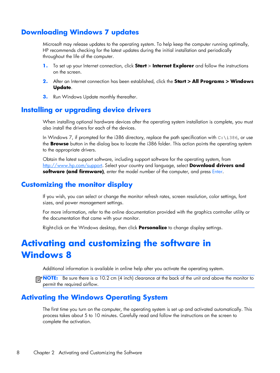 HP Pro 6305 manual Downloading Windows 7 updates, Installing or upgrading device drivers, Customizing the monitor display 