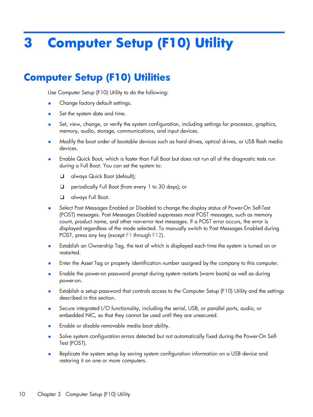 HP Pro 6305 manual Computer Setup F10 Utility, Computer Setup F10 Utilities 