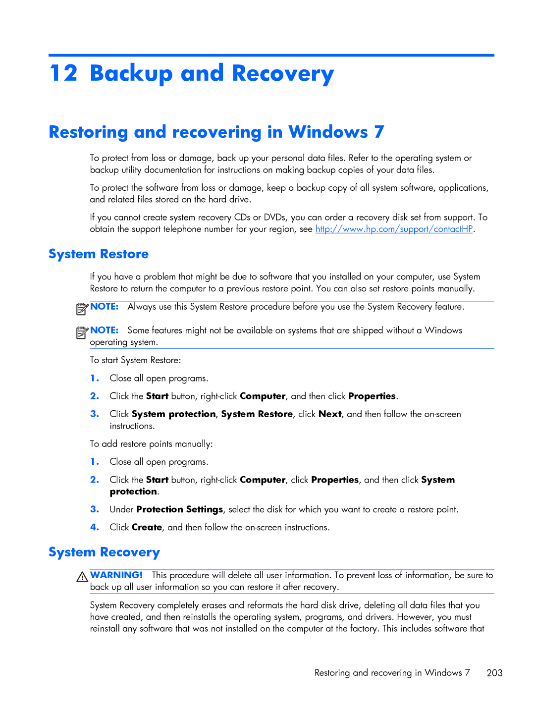 HP Pro 6305 manual Restoring and recovering in Windows, System Restore, System Recovery 