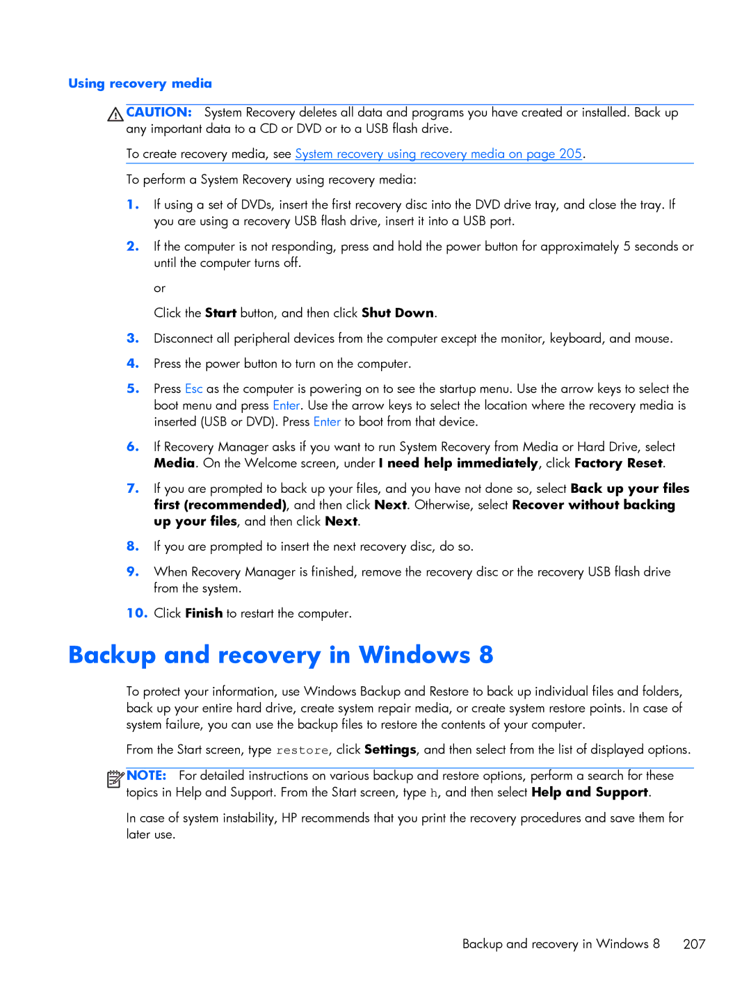 HP Pro 6305 manual Backup and recovery in Windows, Using recovery media 