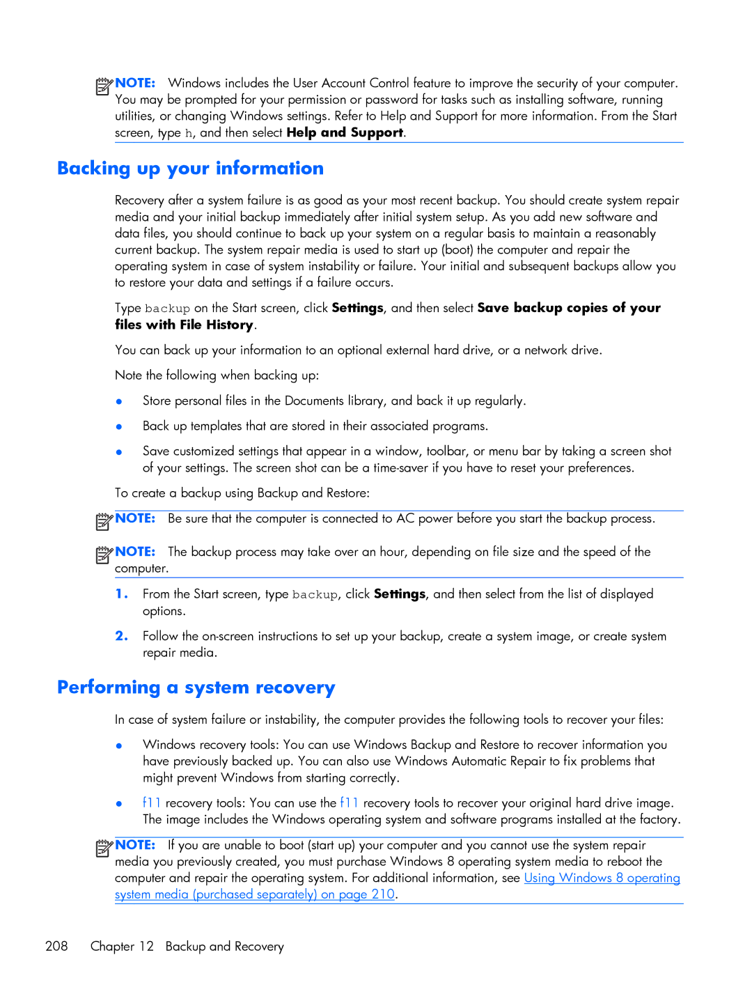 HP Pro 6305 manual Backing up your information, Performing a system recovery 