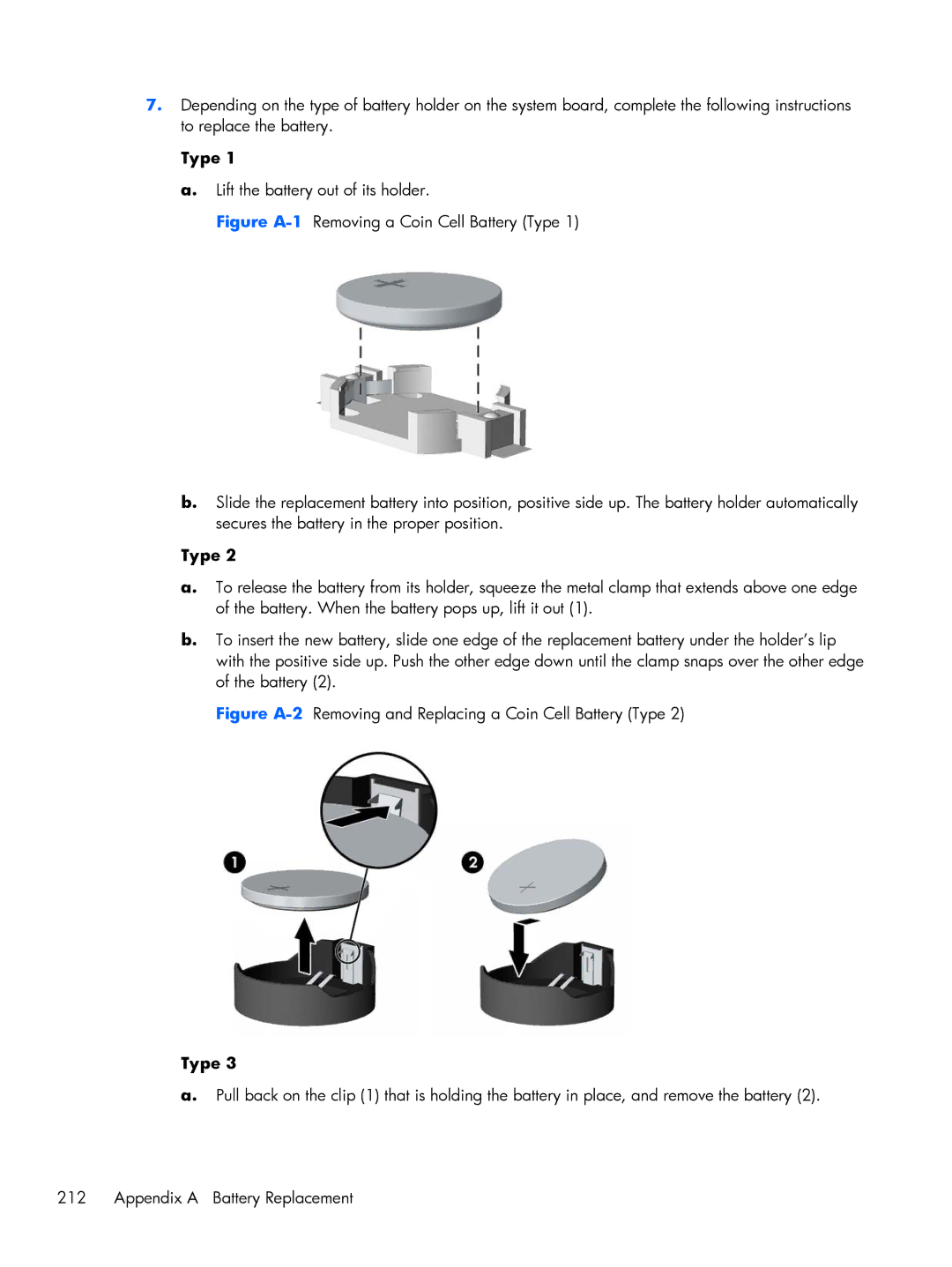 HP Pro 6305 manual Lift the battery out of its holder, Figure A-2Removing and Replacing a Coin Cell Battery Type 