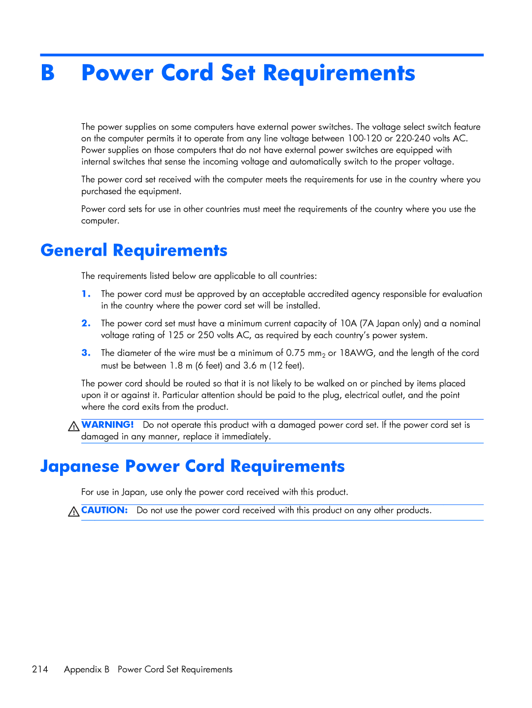 HP Pro 6305 manual General Requirements, Japanese Power Cord Requirements 