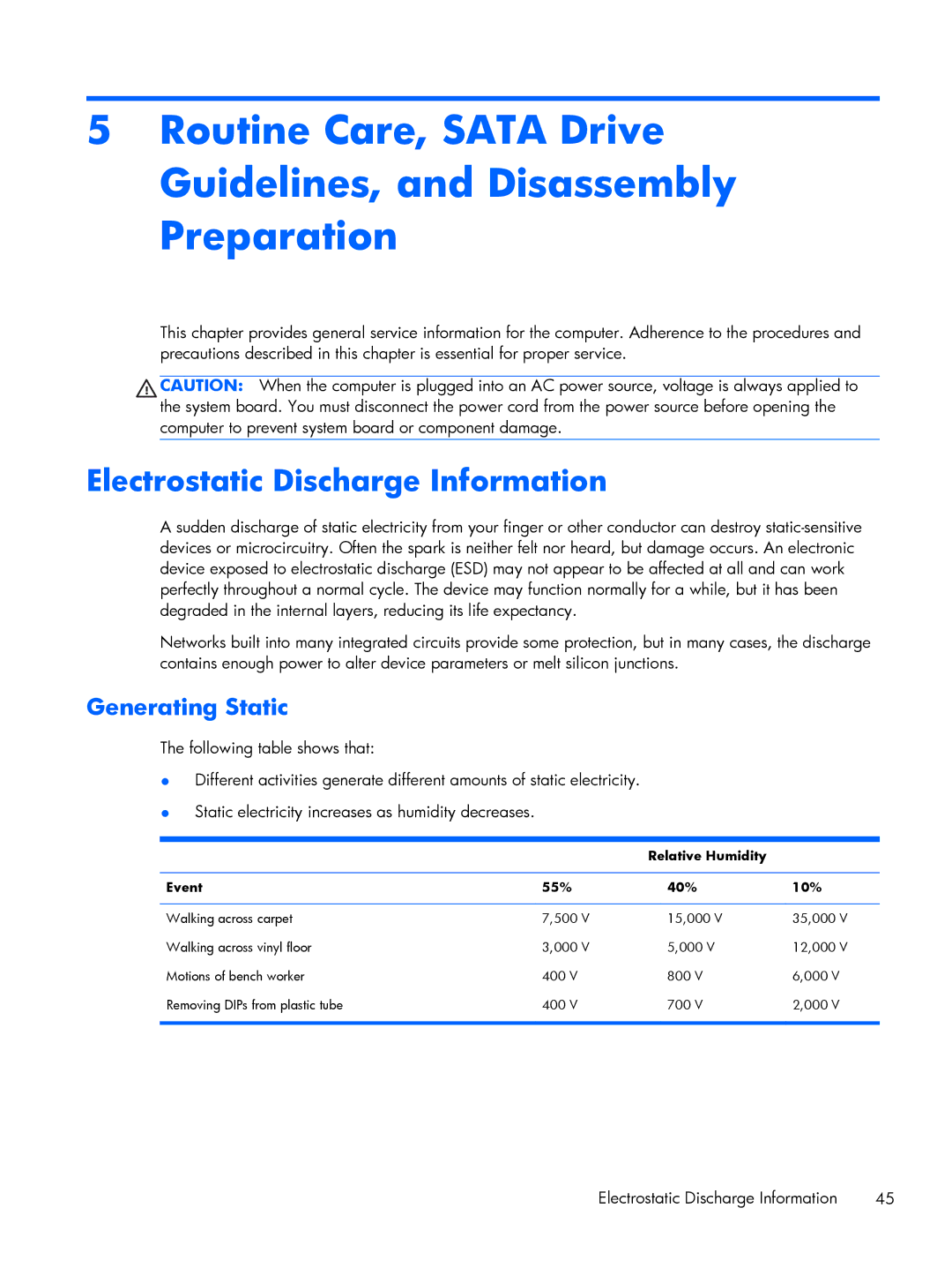 HP Pro 6305 manual Electrostatic Discharge Information, Generating Static, Relative Humidity Event 55% 40% 10% 