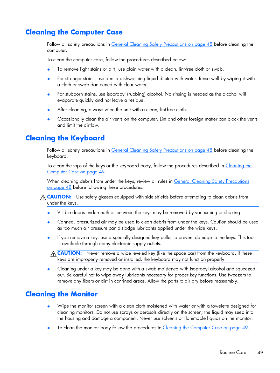 HP Pro 6305 manual Cleaning the Computer Case, Cleaning the Keyboard, Cleaning the Monitor 