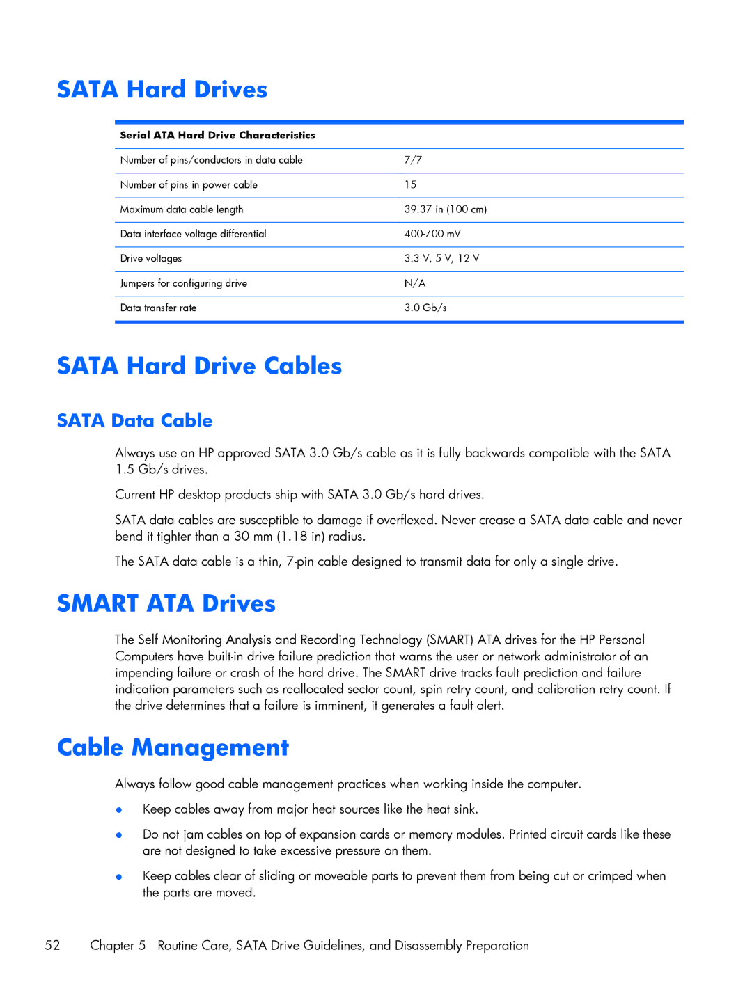 HP Pro 6305 manual Sata Hard Drives, Sata Hard Drive Cables, Smart ATA Drives, Cable Management, Sata Data Cable 