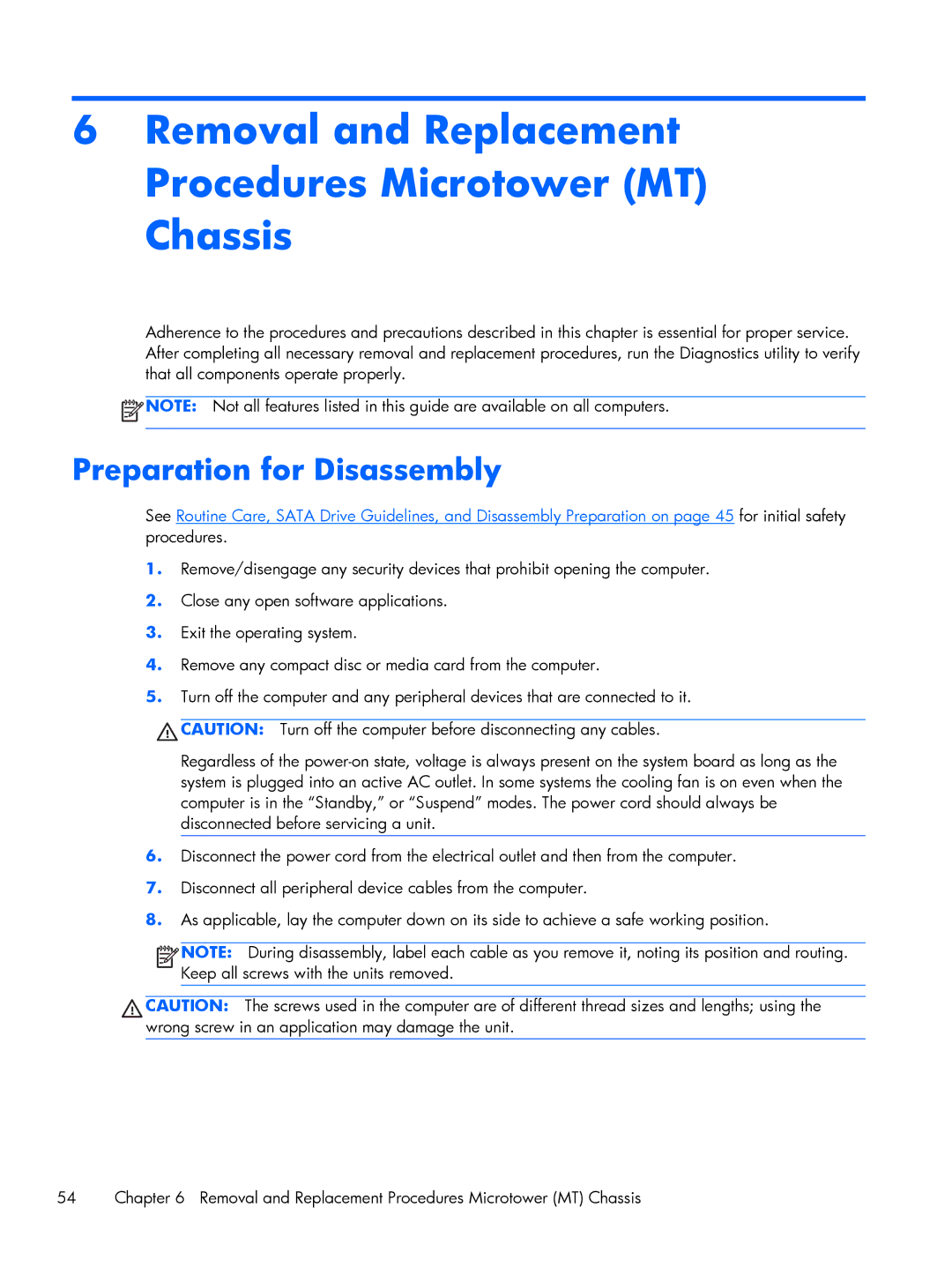 HP Pro 6305 manual Removal and Replacement Procedures Microtower MT Chassis, Preparation for Disassembly 