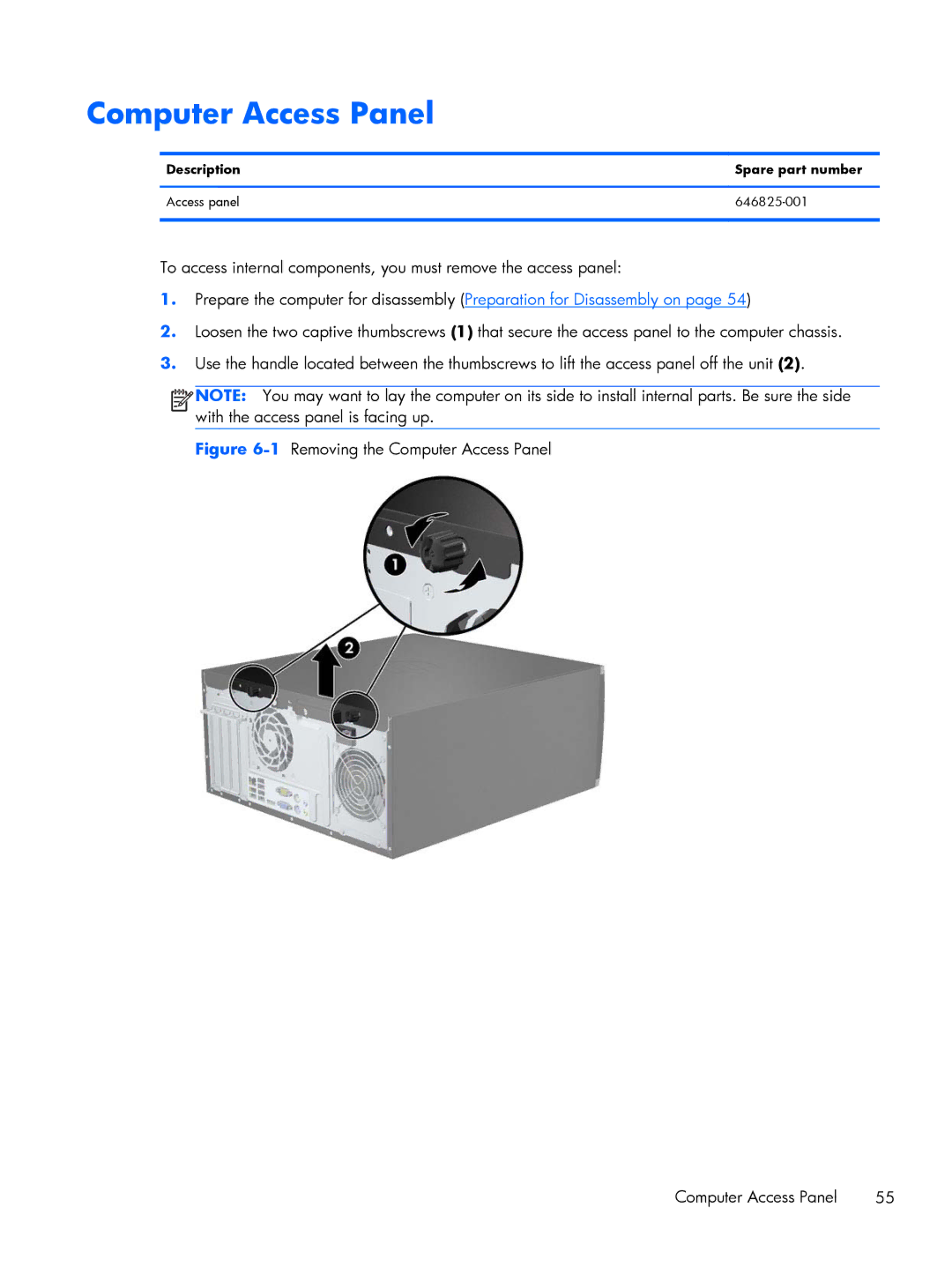 HP Pro 6305 manual Computer Access Panel, Description Spare part number Access panel 646825-001 