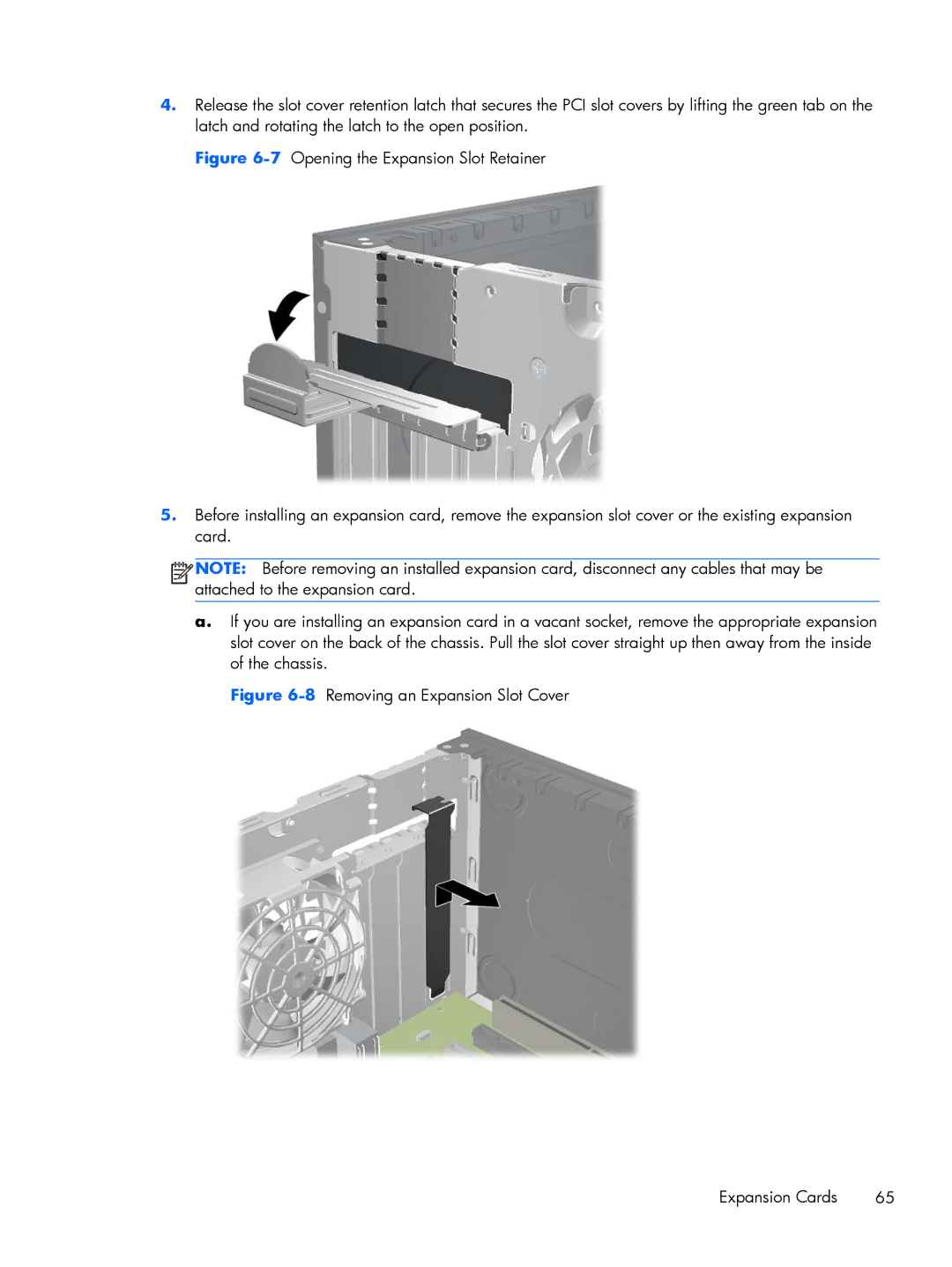 HP Pro 6305 manual 8Removing an Expansion Slot Cover Expansion Cards 