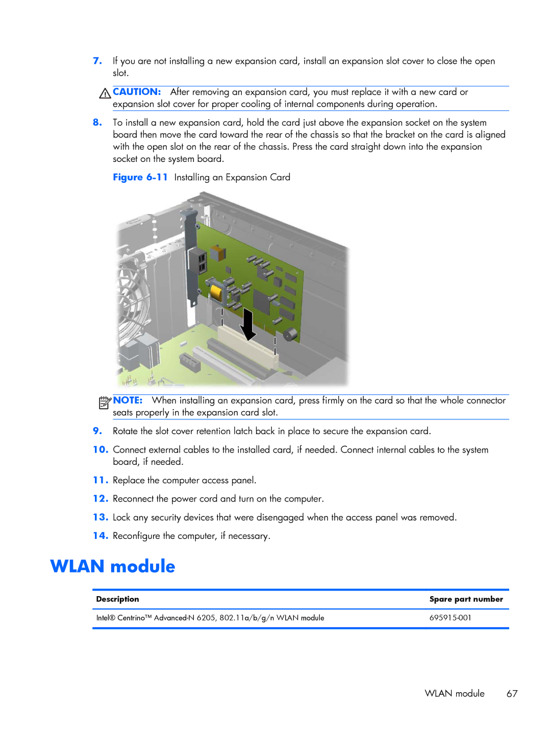 HP Pro 6305 manual Wlan module, Description Spare part number 