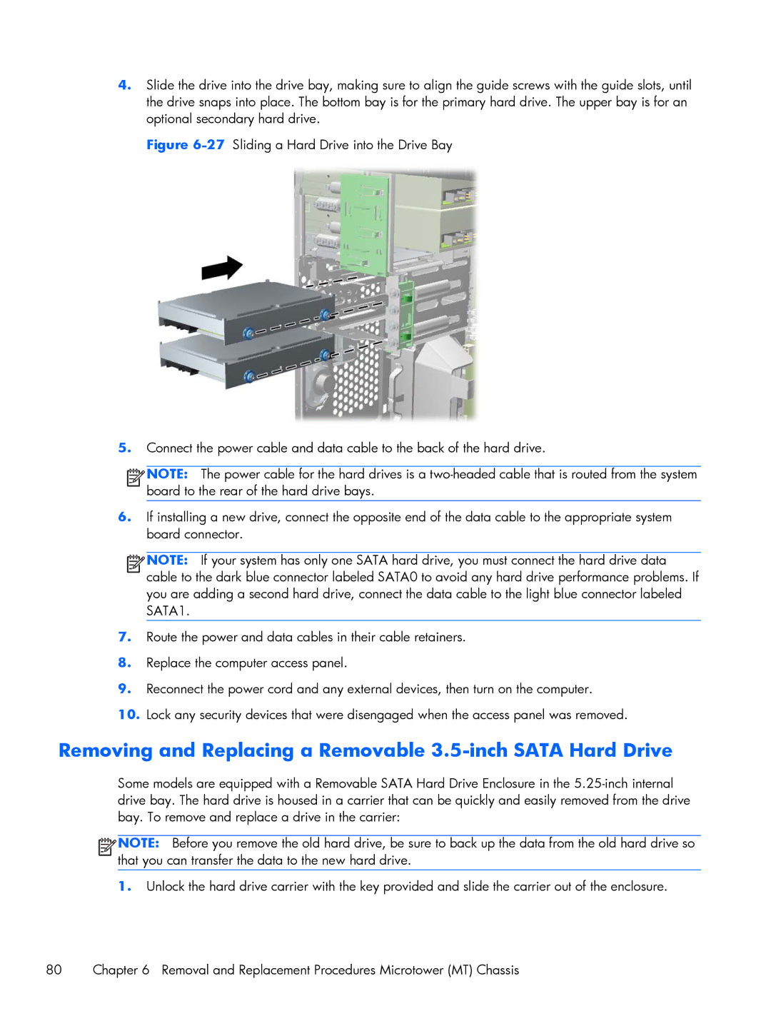 HP Pro 6305 manual Removing and Replacing a Removable 3.5-inch Sata Hard Drive 