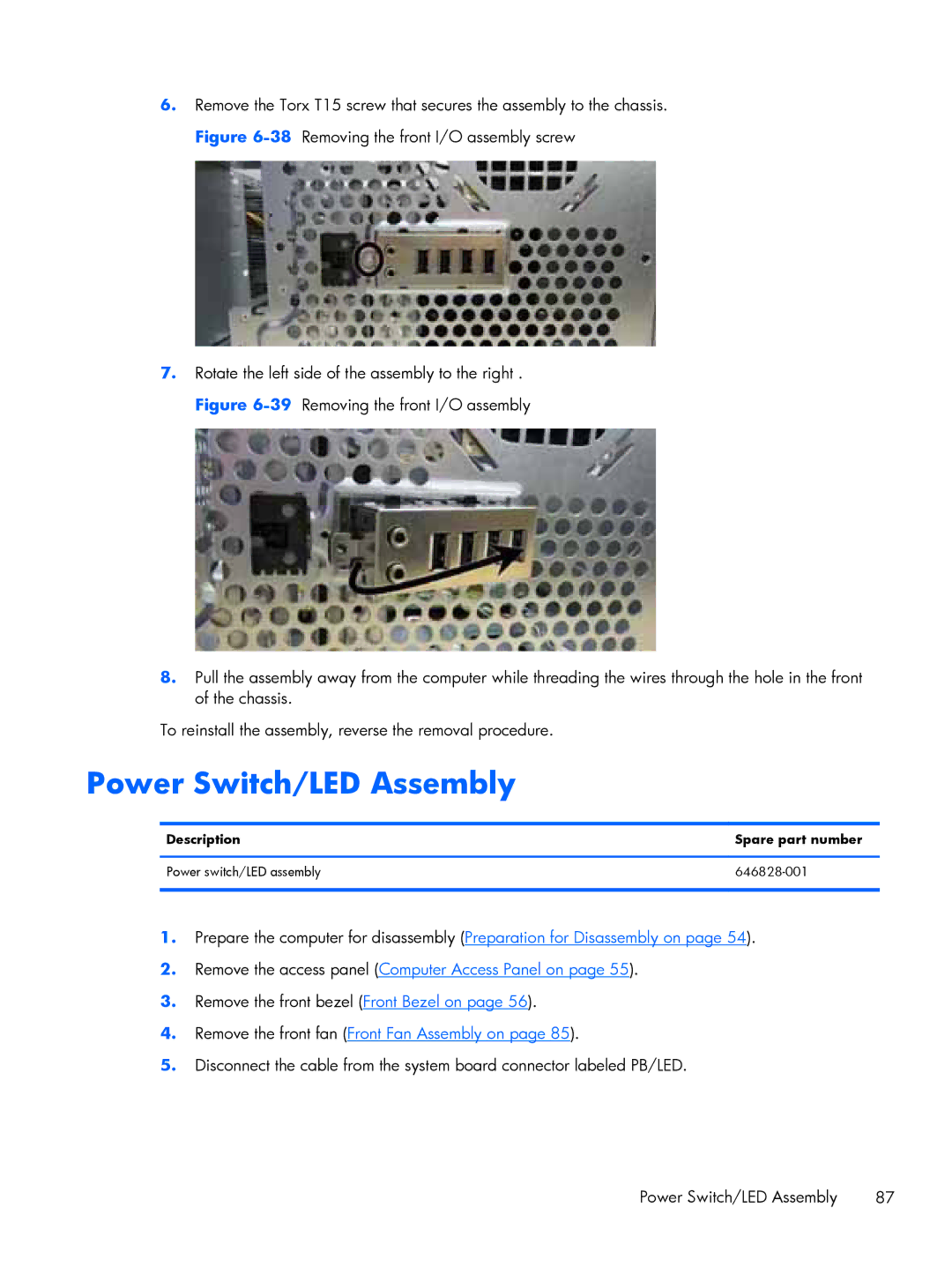 HP Pro 6305 manual Power Switch/LED Assembly 