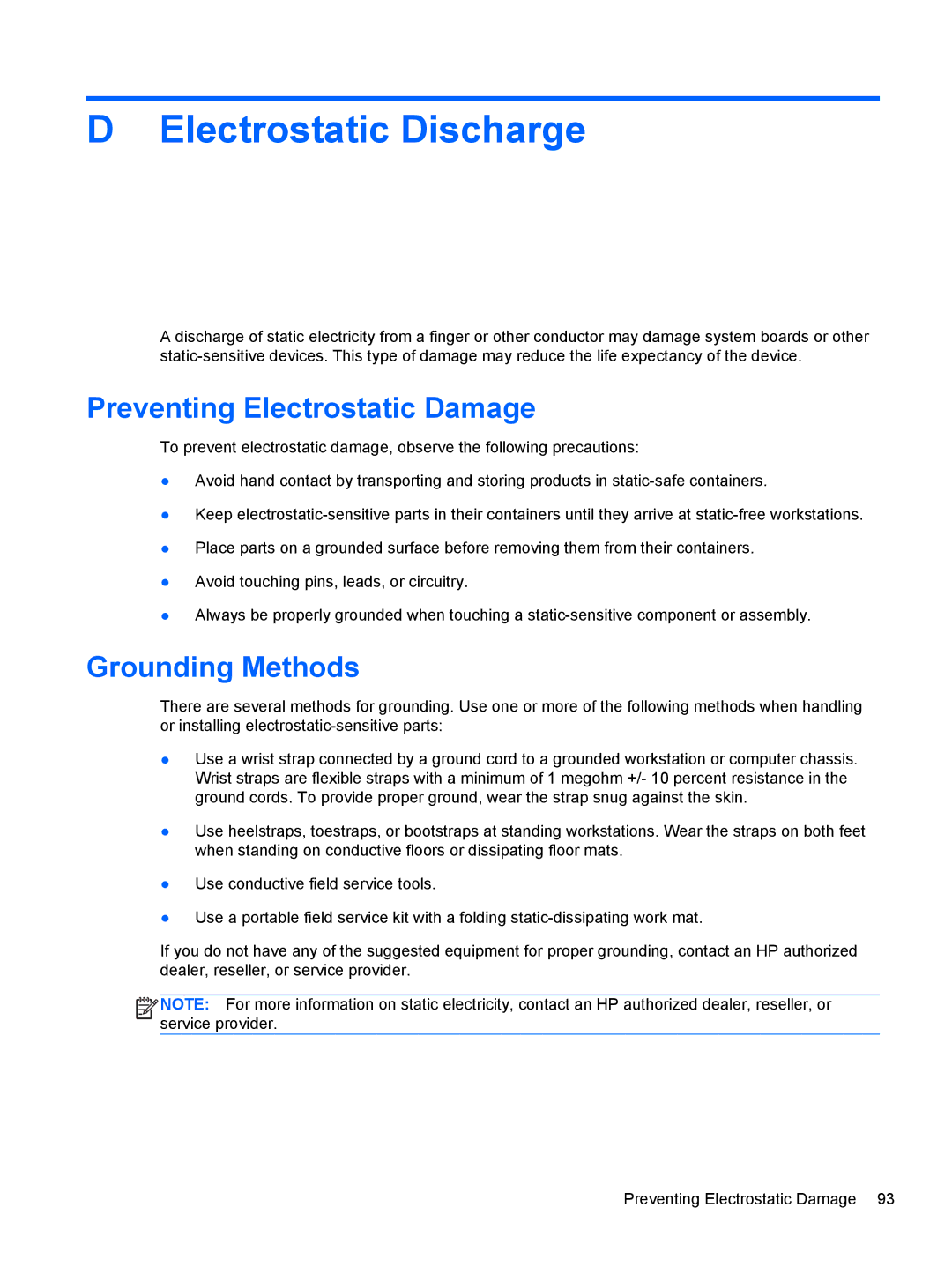 HP Pro 6305 manual Preventing Electrostatic Damage, Grounding Methods 