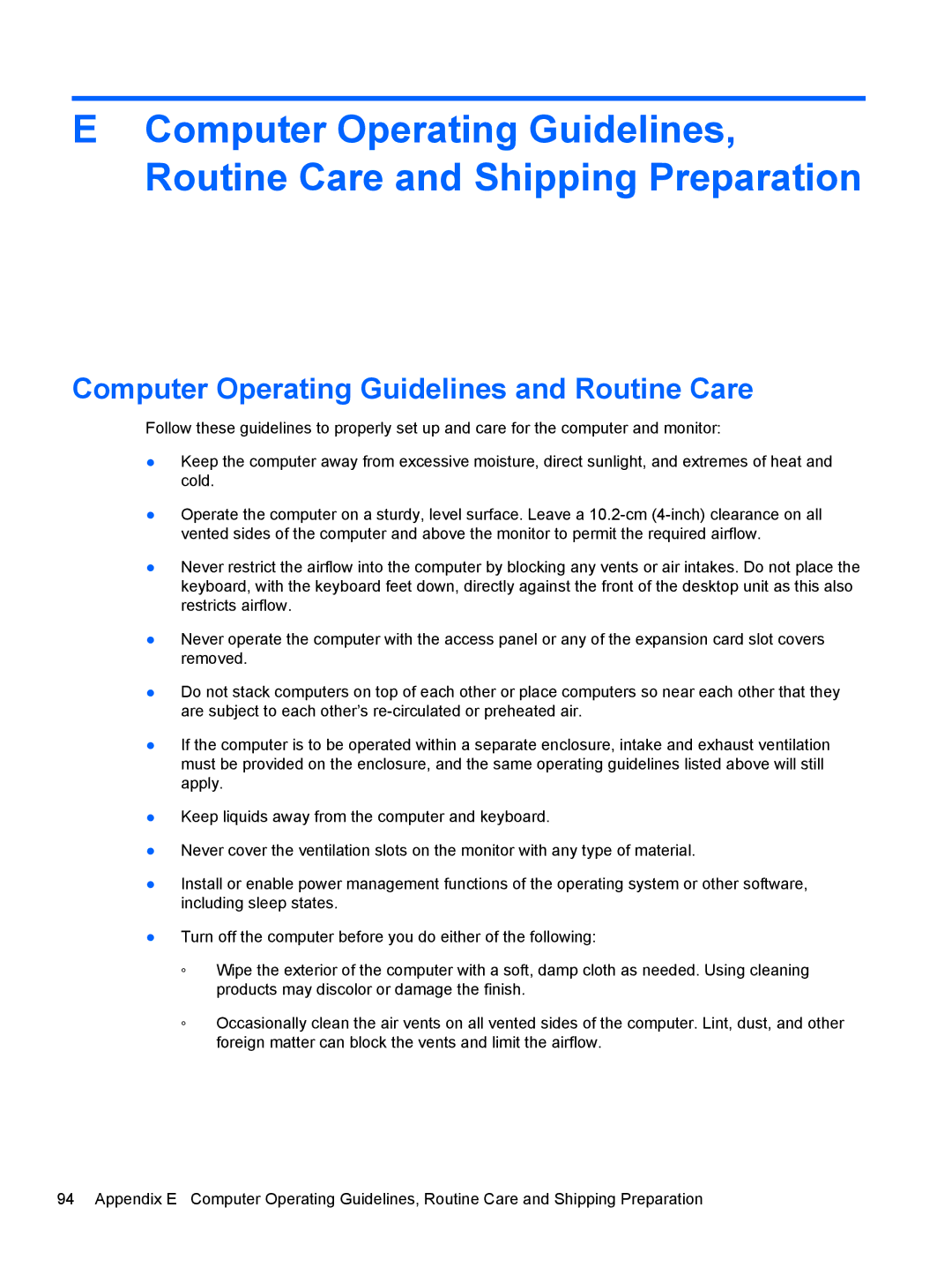 HP Pro 6305 manual Computer Operating Guidelines and Routine Care 