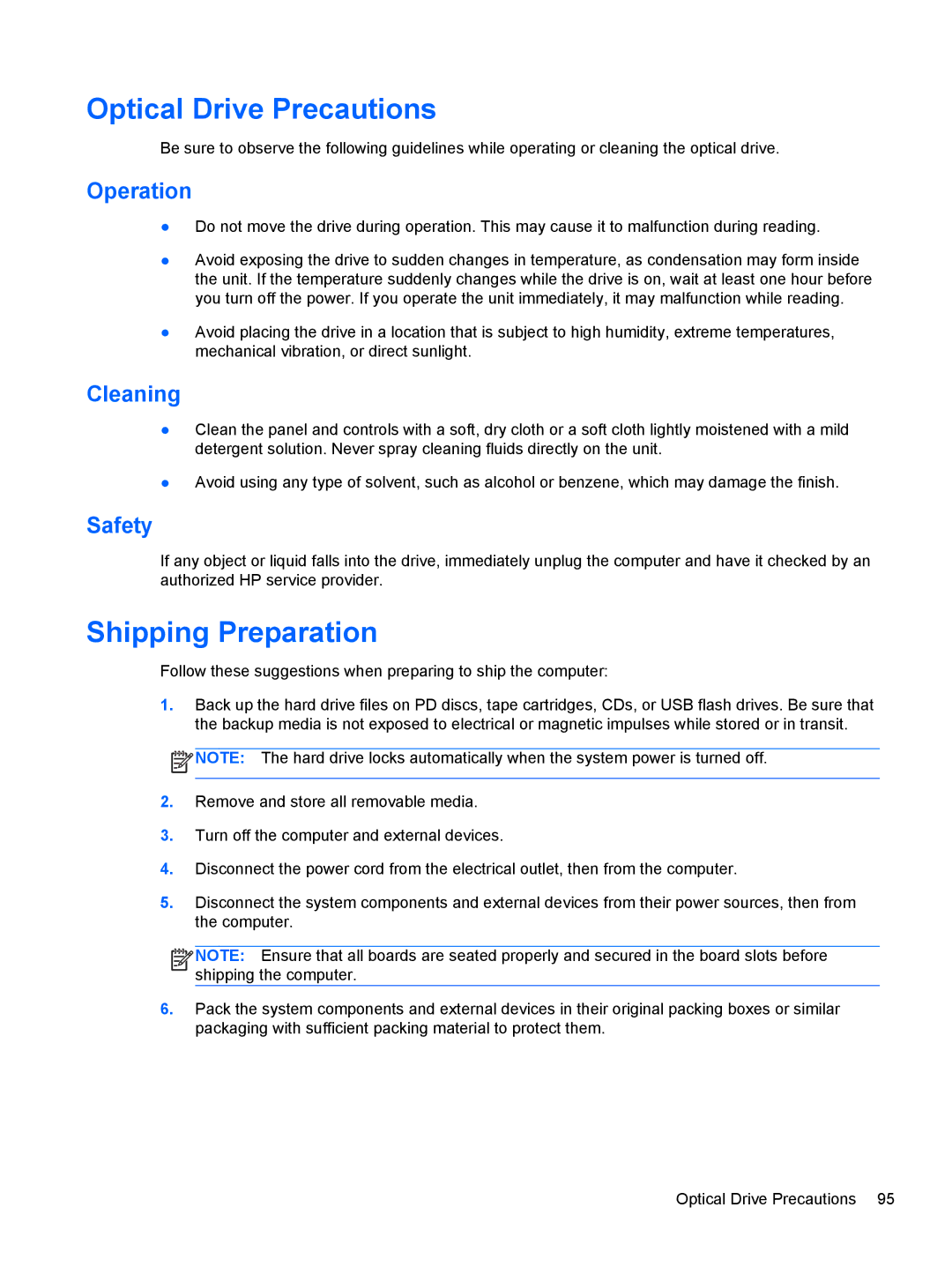 HP Pro 6305 manual Optical Drive Precautions, Shipping Preparation, Operation, Cleaning, Safety 