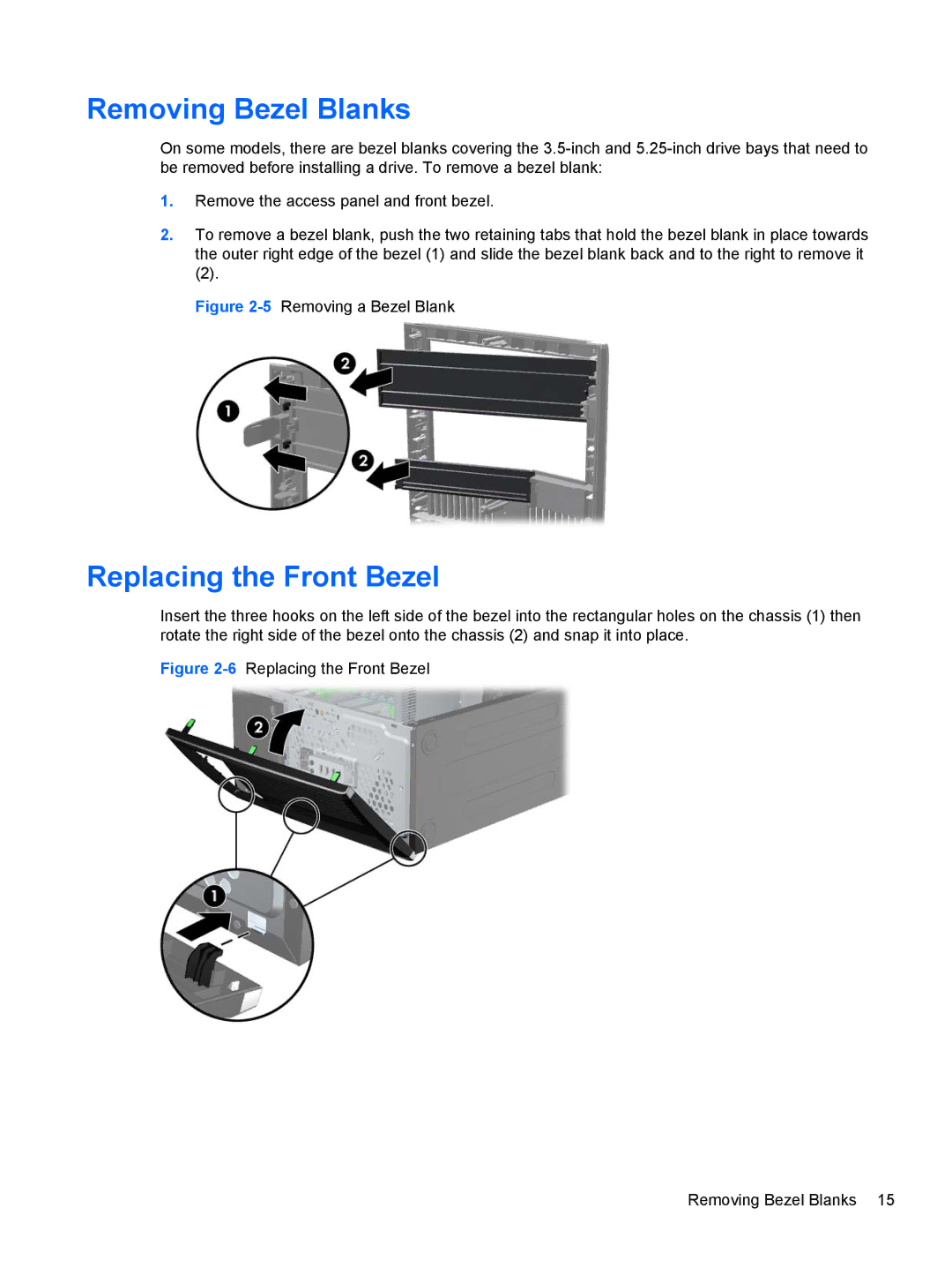 HP Pro 6305 manual Removing Bezel Blanks, Replacing the Front Bezel 