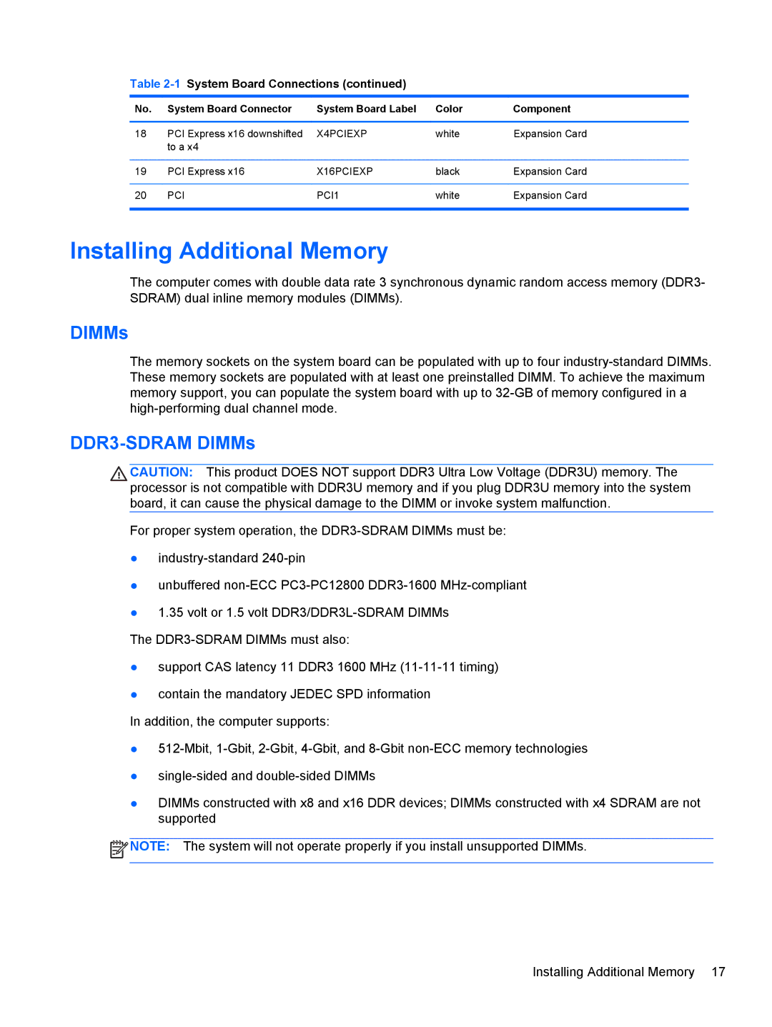 HP Pro 6305 manual Installing Additional Memory, DDR3-SDRAM DIMMs 