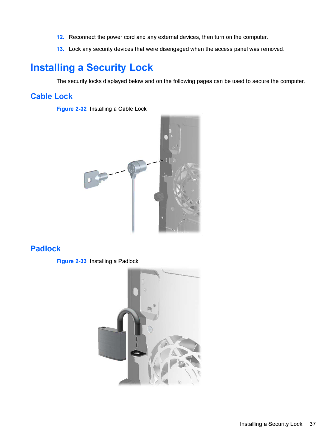 HP Pro 6305 manual Installing a Security Lock, Cable Lock, Padlock 