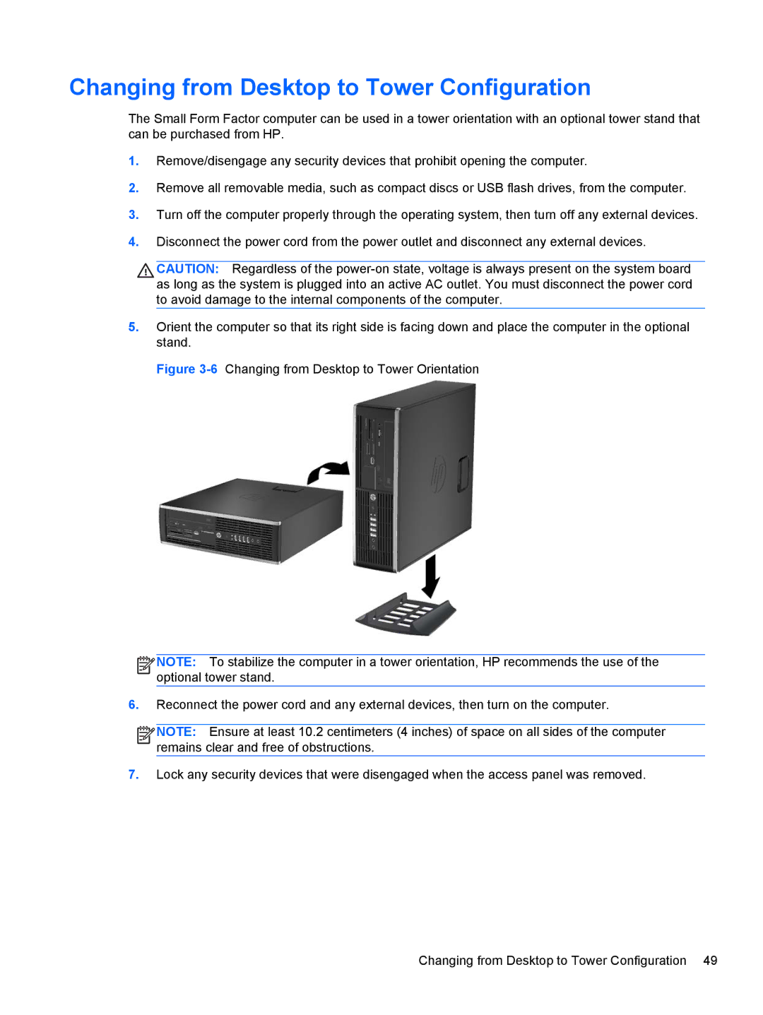 HP Pro 6305 manual Changing from Desktop to Tower Configuration 