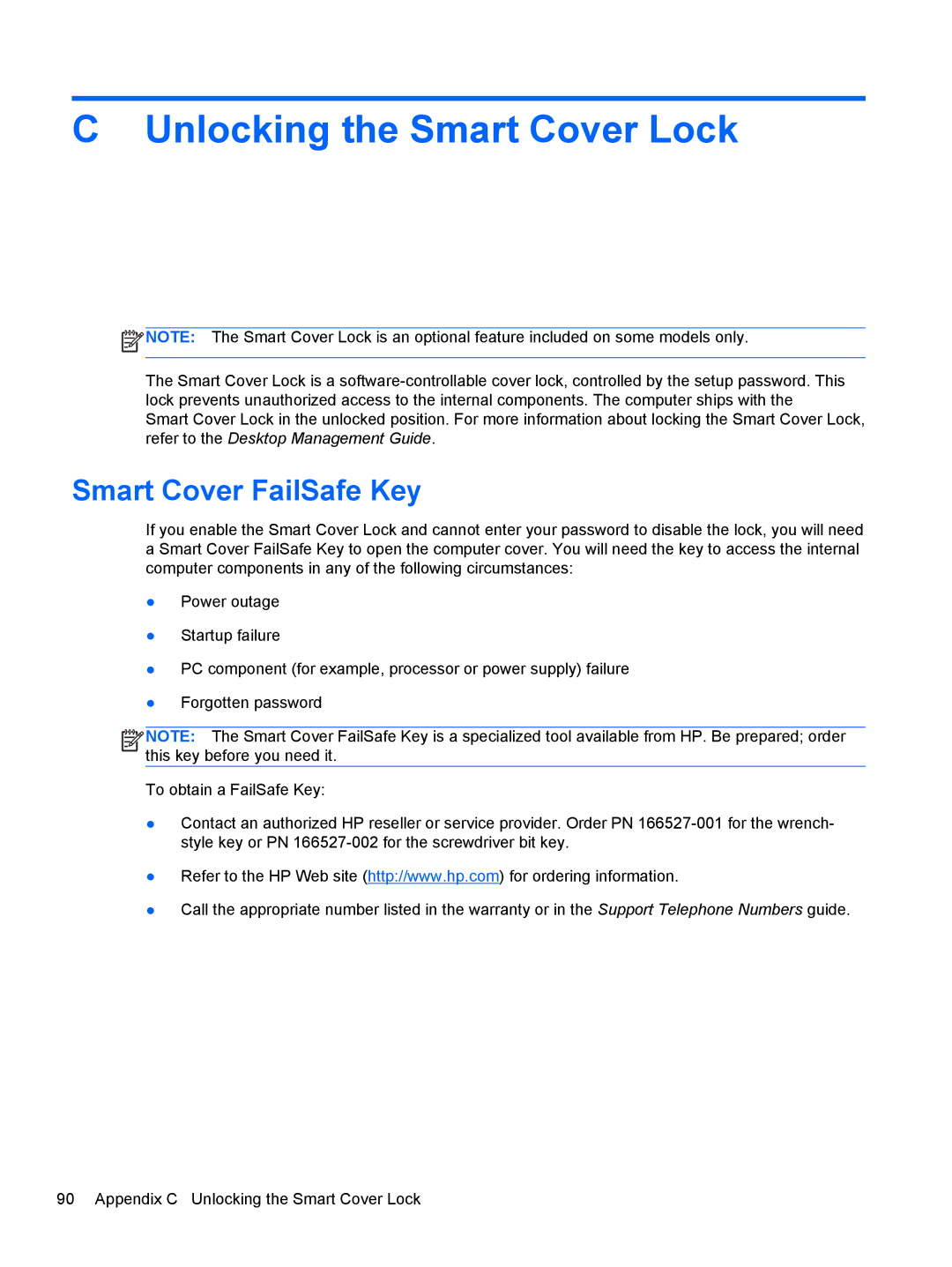 HP Pro 6305 manual Unlocking the Smart Cover Lock, Smart Cover FailSafe Key 