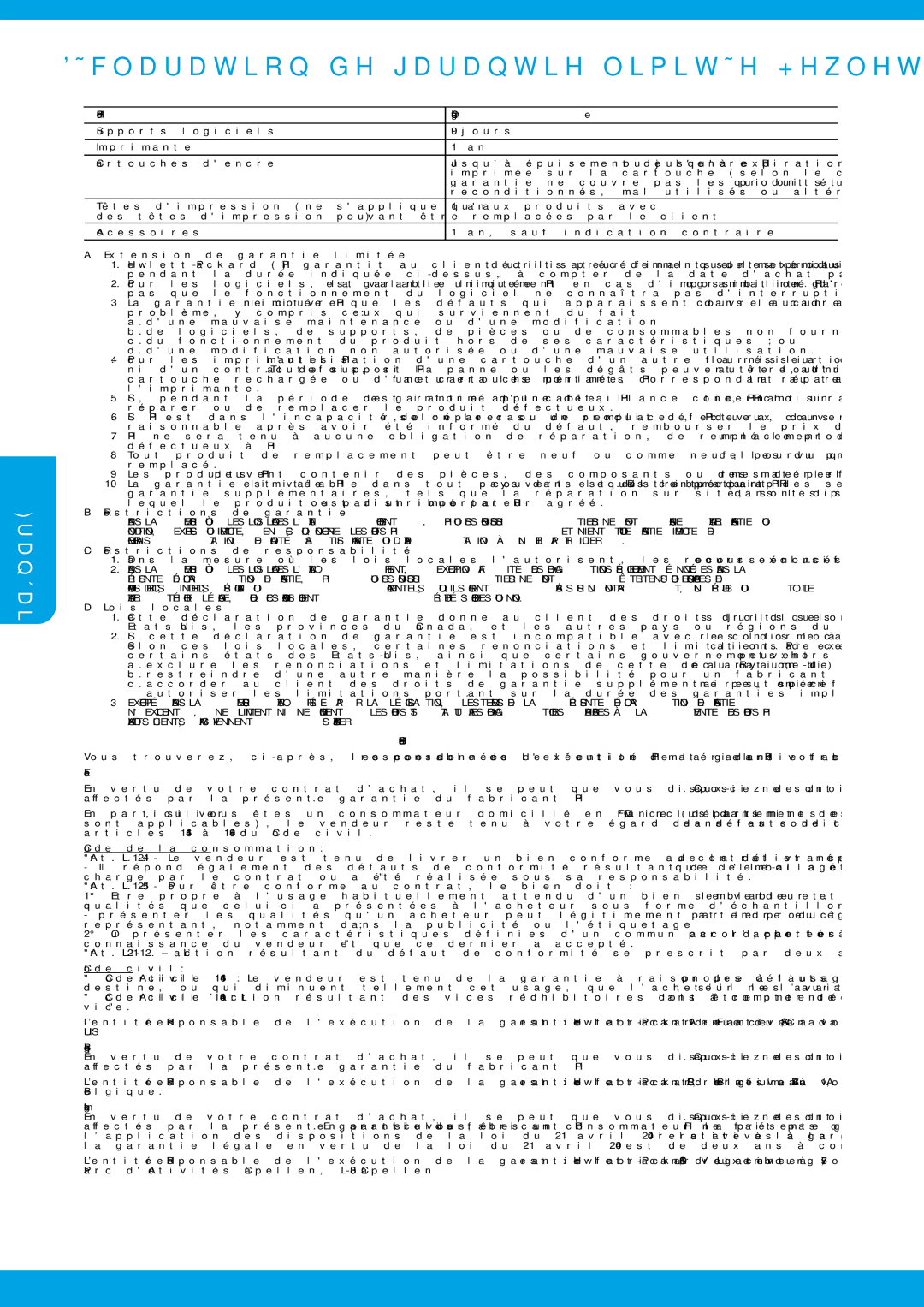 HP Pro 6830, Pro 6835 manual Déclaration de garantie limitée Hewlett-Packard, Produit HP Durée de la garantie limitée 