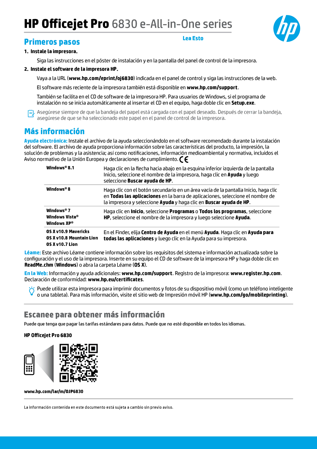 HP Pro 6835, Pro 6830 manual Primeros pasos, Más información, Escanee para obtener más información 