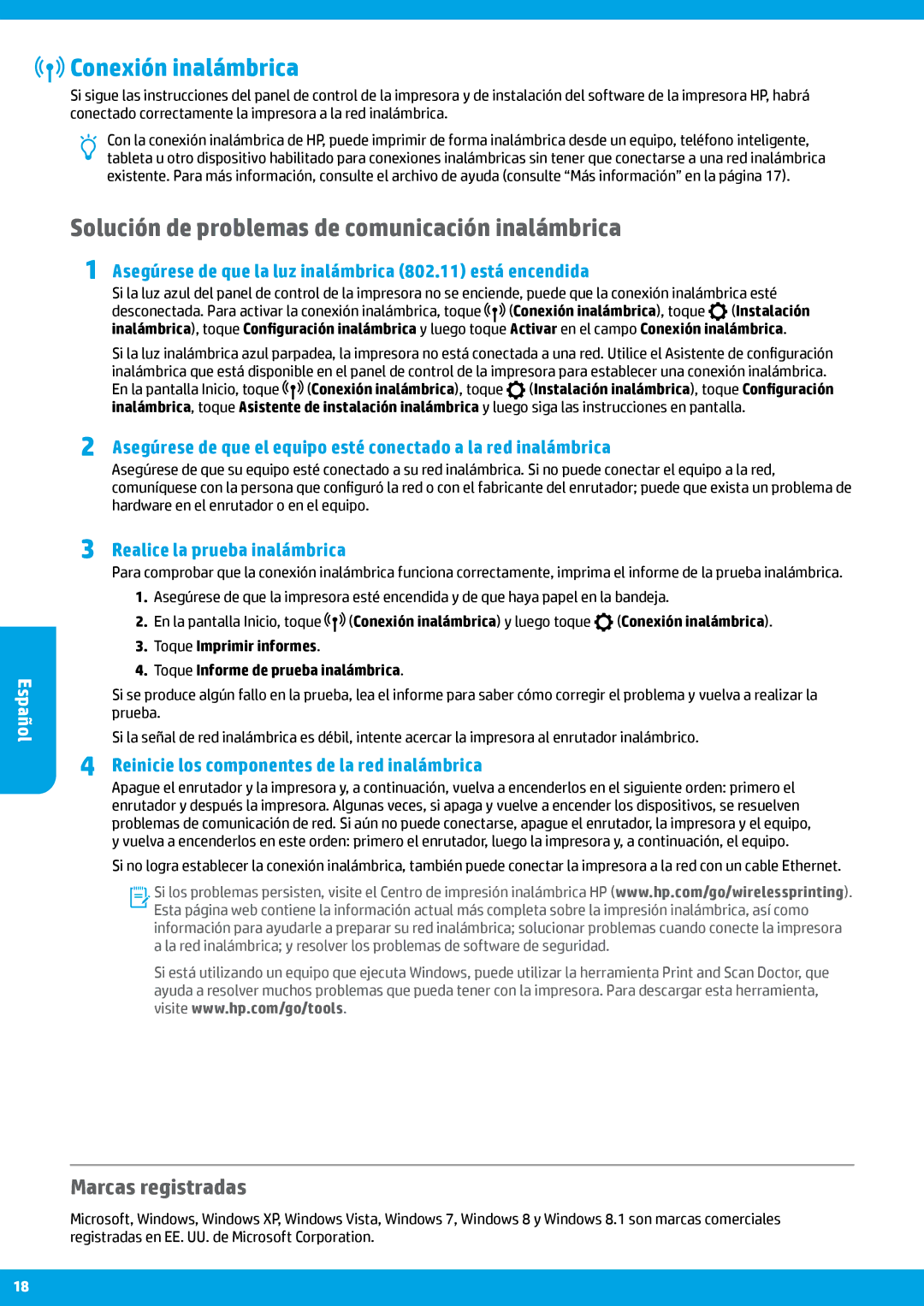 HP Pro 6830, Pro 6835 manual Conexión inalámbrica, Solución de problemas de comunicación inalámbrica, Marcas registradas 