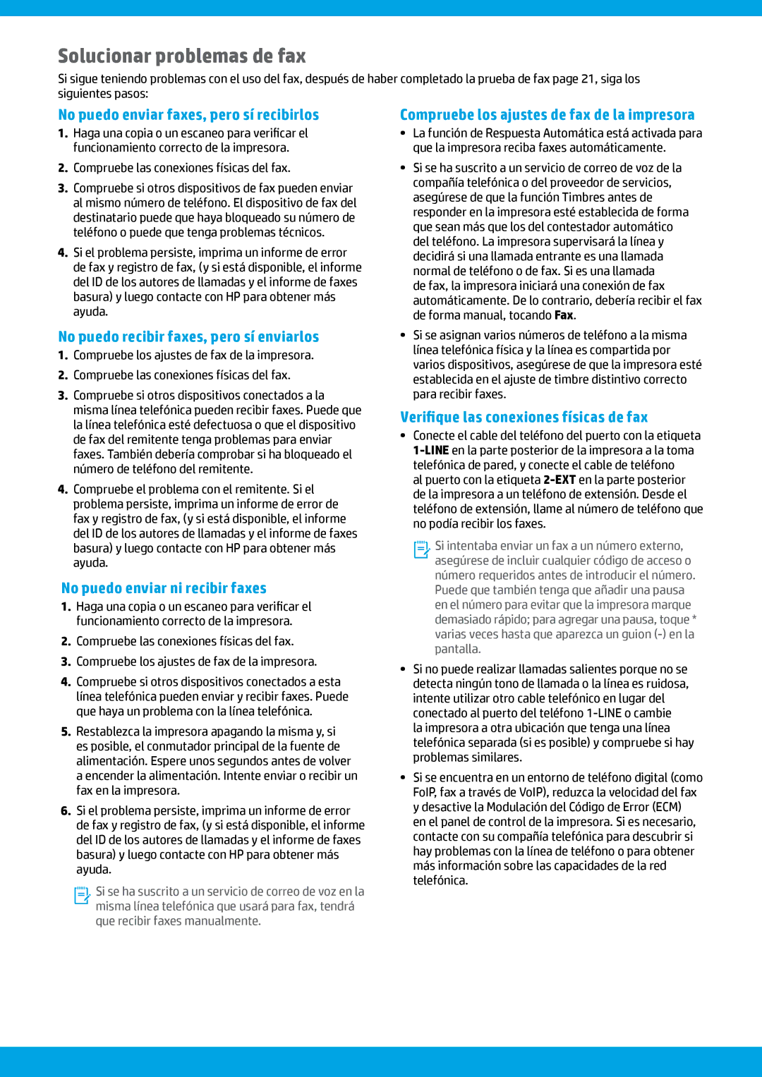 HP Pro 6835 manual Solucionar problemas de fax, No puedo enviar faxes, pero sí recibirlos, No puedo enviar ni recibir faxes 