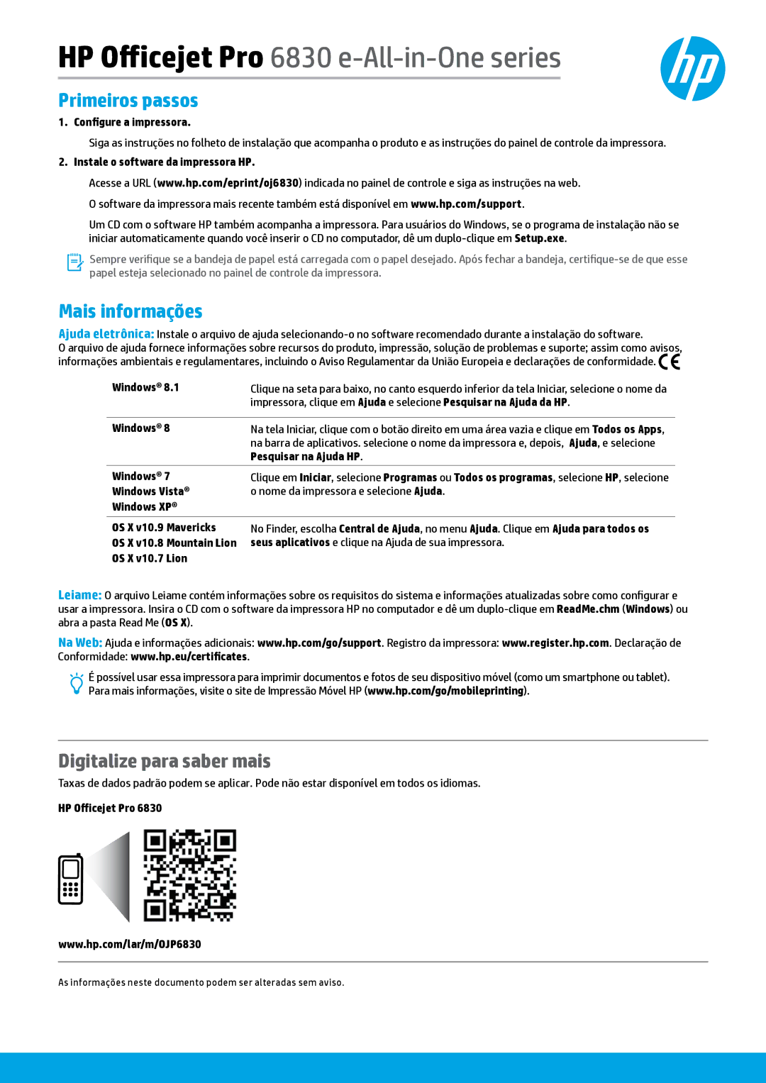 HP Pro 6835, Pro 6830 manual Primeiros passos, Digitalize para saber mais 