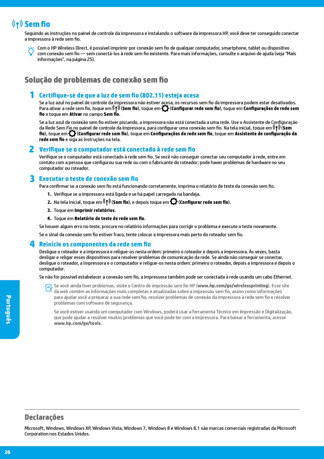 HP Pro 6830, Pro 6835 manual Solução de problemas de conexão sem fio, Declarações 